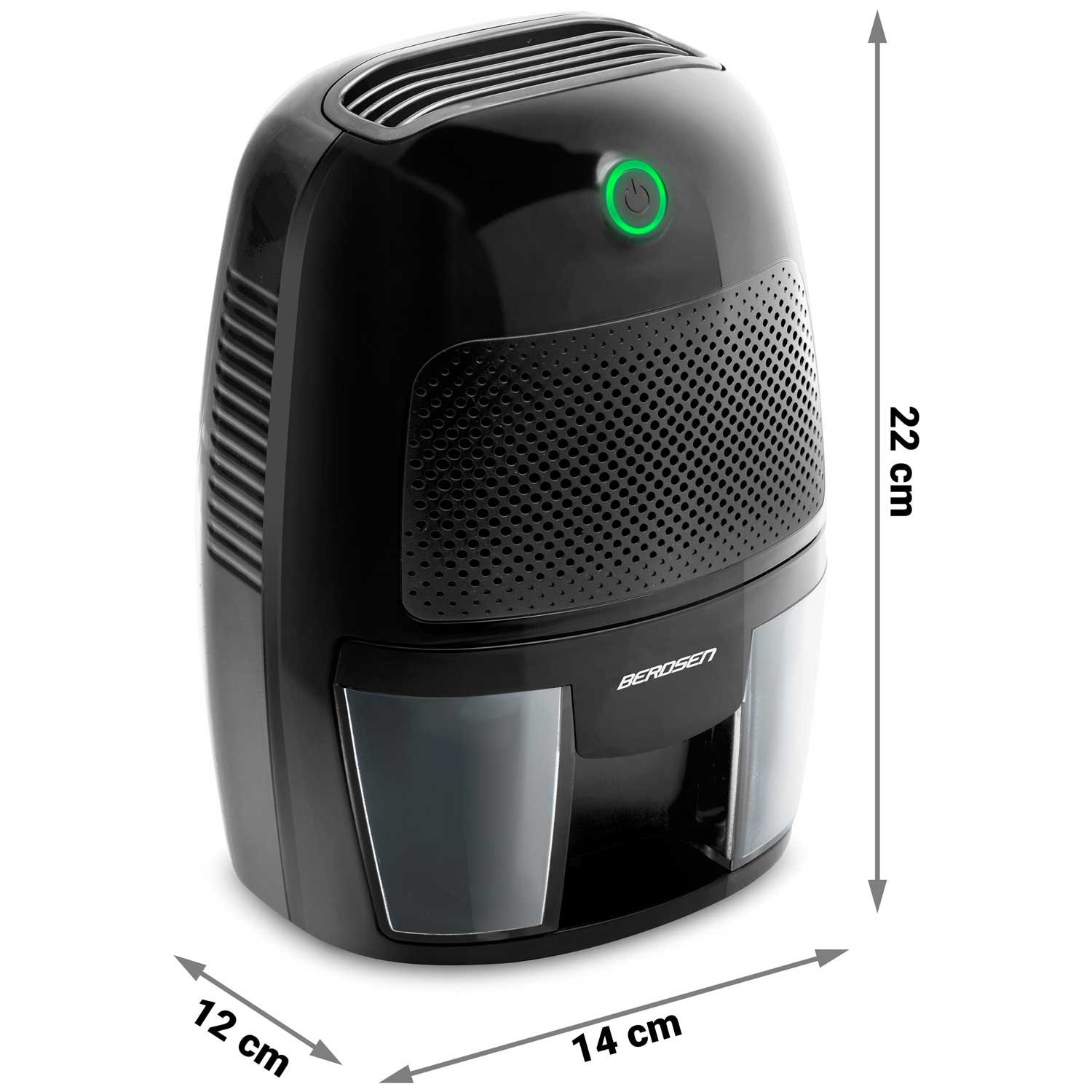 Czarny osuszacz powietrza Berosen. Ma zielony przycisk zasilania i wymiary 22x14x12 cm. Znajduje się na białym tle.
