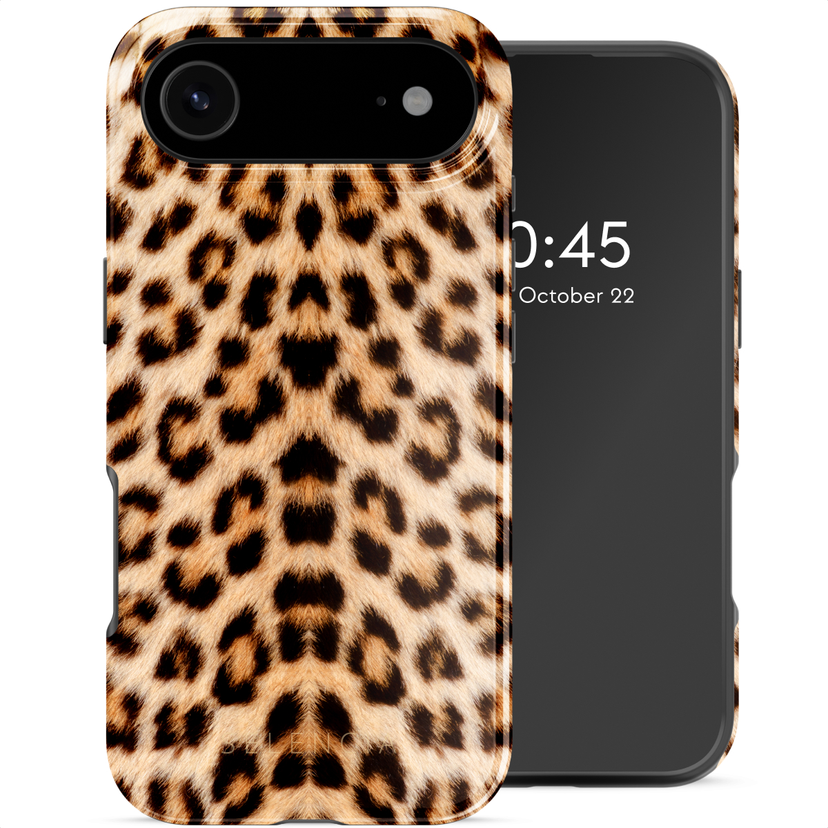 Een telefoon in een hoesje met cheeta print, naast een zwarte telefoon met de tijd en datum.