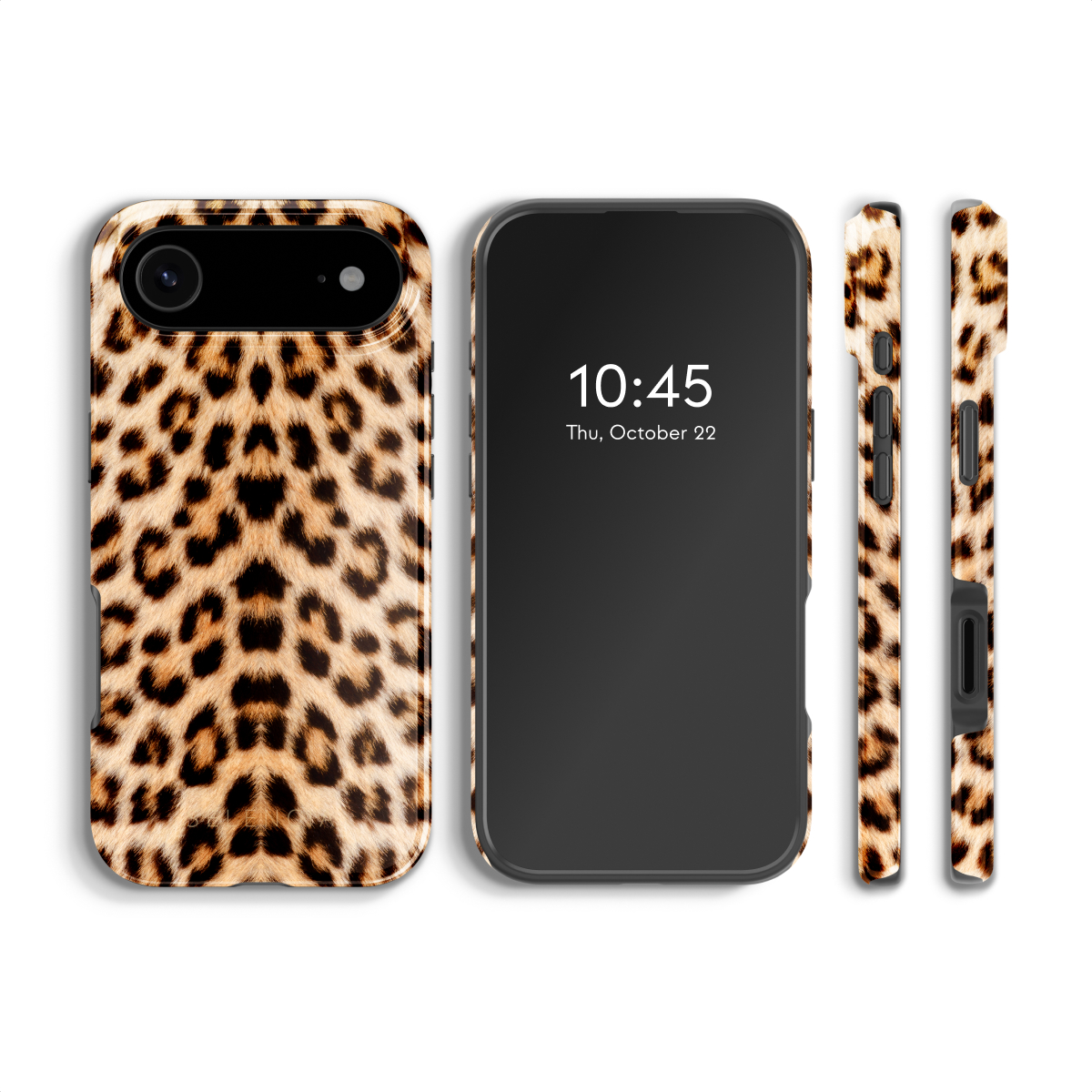 Een smartphone en accessoires met een luipaardprint hoesje. De telefoon toont de tijd en twee zijstukken zijn ook zichtbaar.