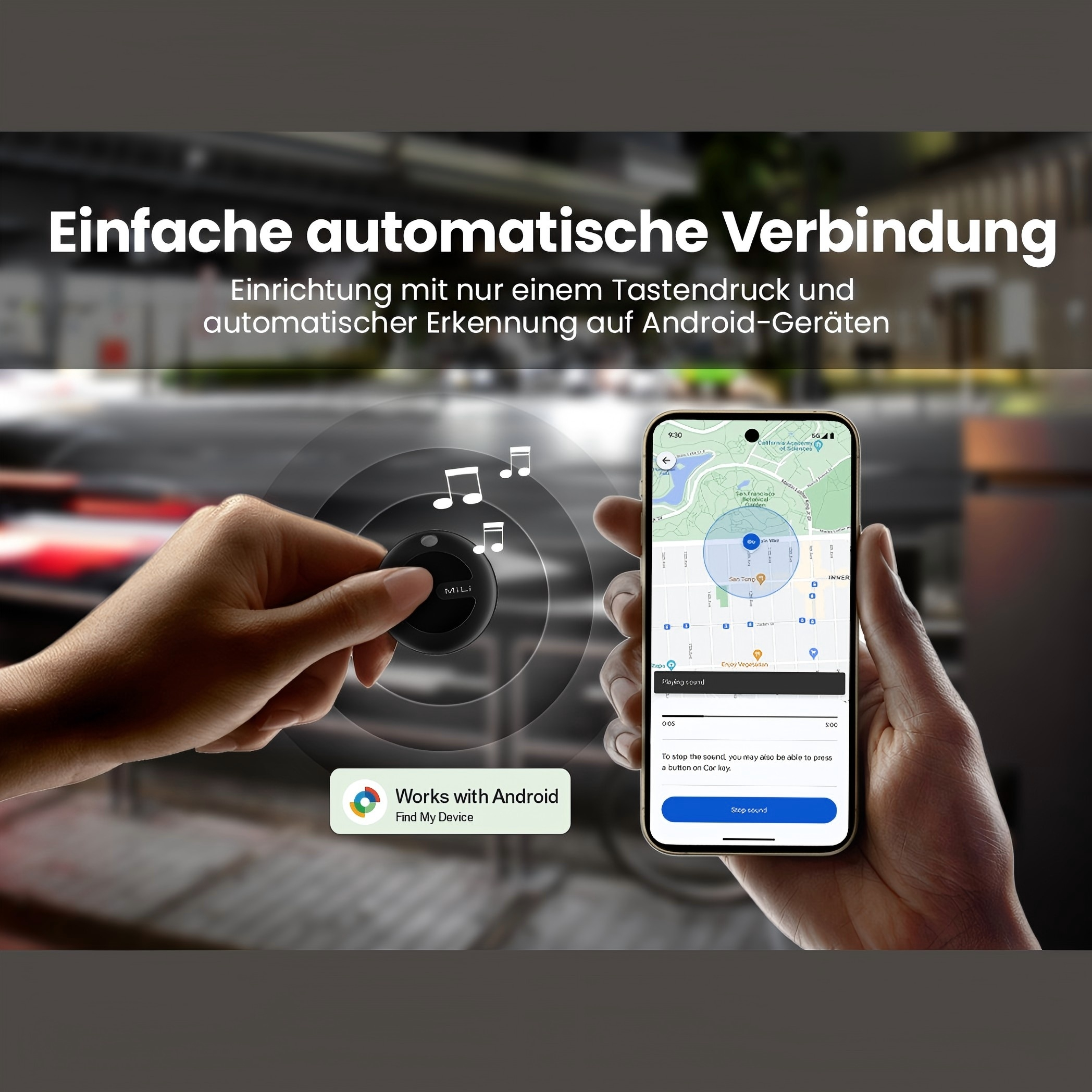 Hand hält ein schwarzes Gerät und ein Telefon mit Karte. Text: Einfache automatische Verbindung.
