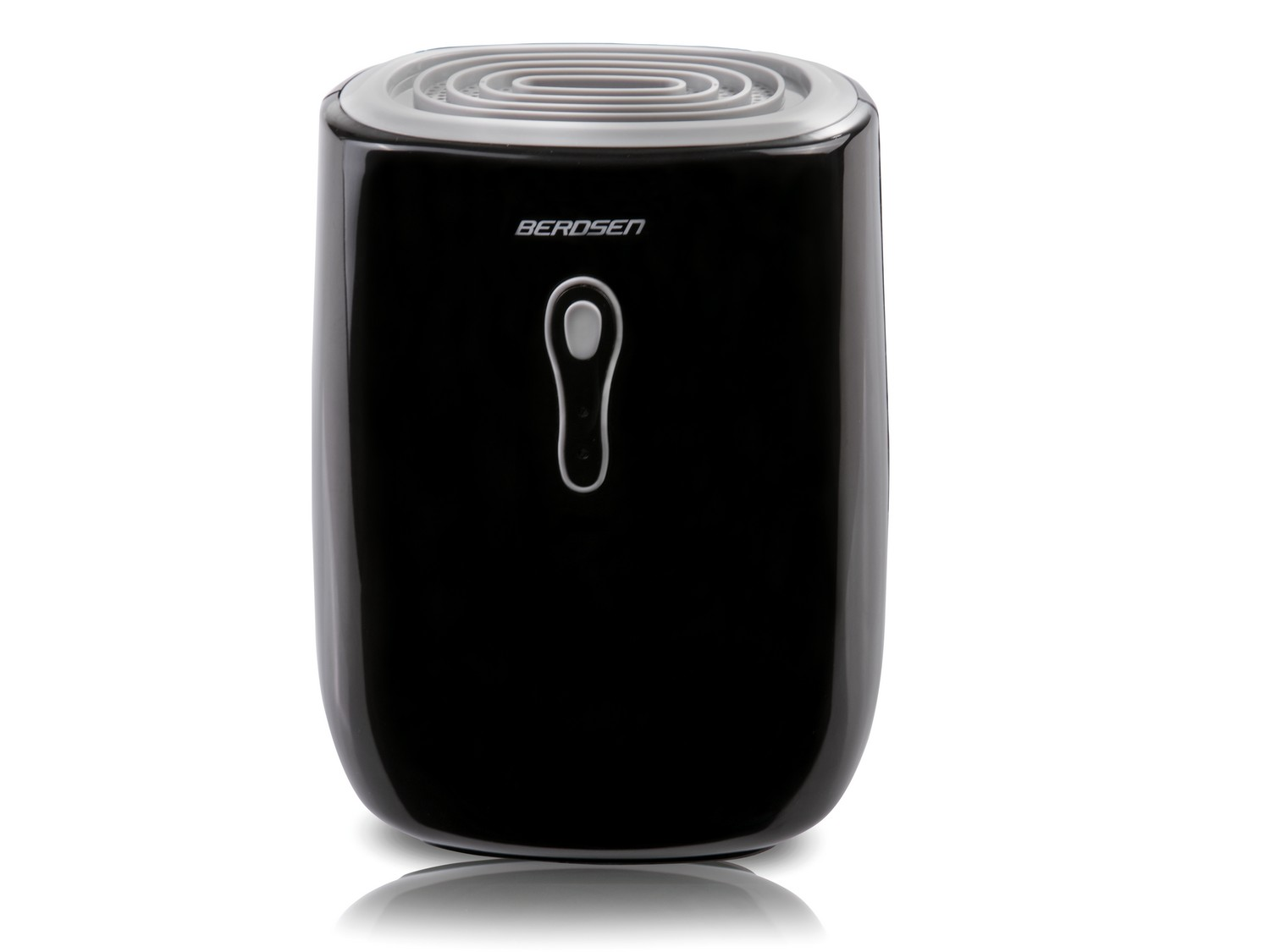 Czarno-biały osuszacz powietrza. Góra ma spiralny wzór. Posiada przycisk zasilania i widoczna jest nazwa marki BERDSEN.