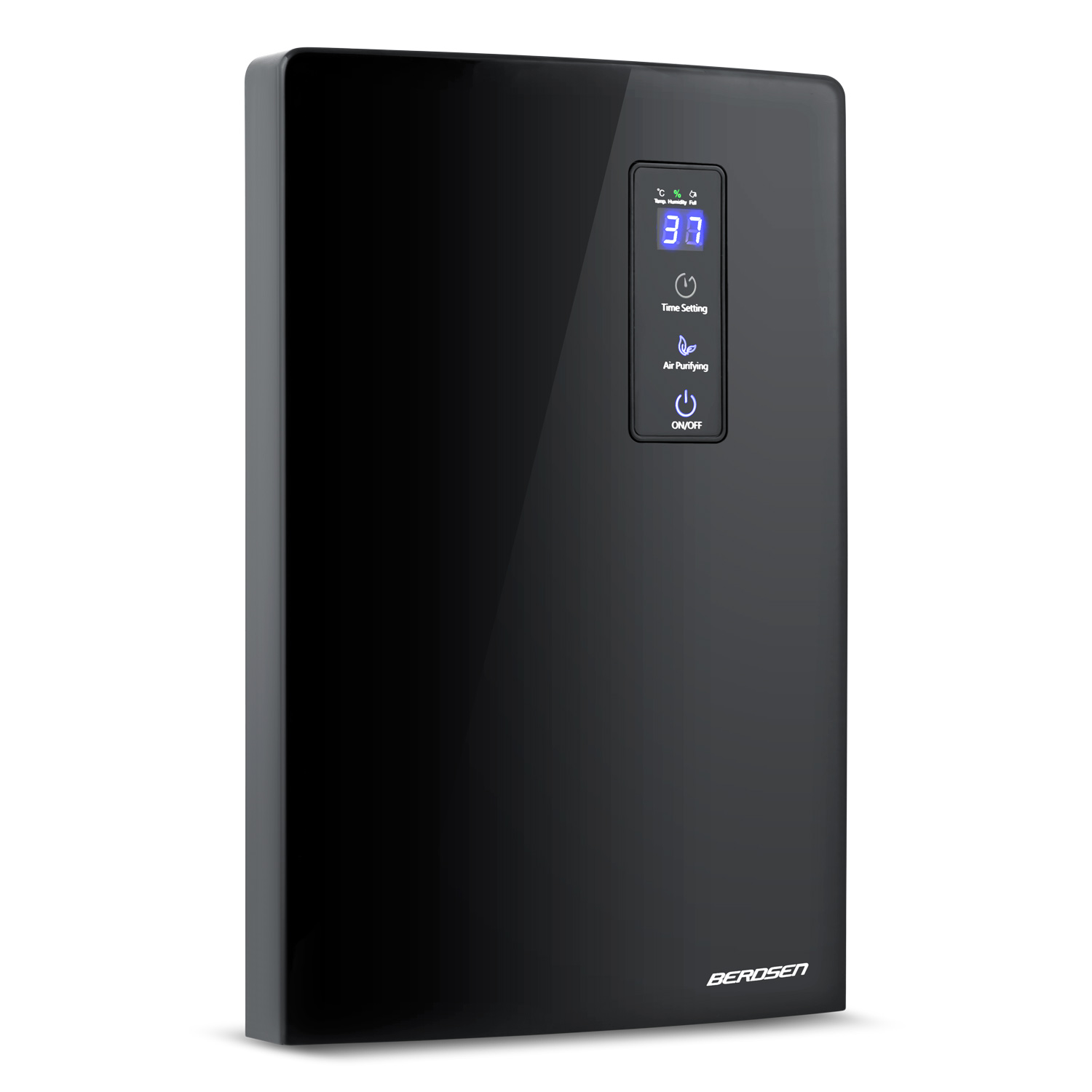 Czarny oczyszczacz powietrza Berosen. Wyświetla temperaturę jako 37. Ma przycisk włączania/wyłączania, opcje oczyszczania powietrza i ustawiania czasu.