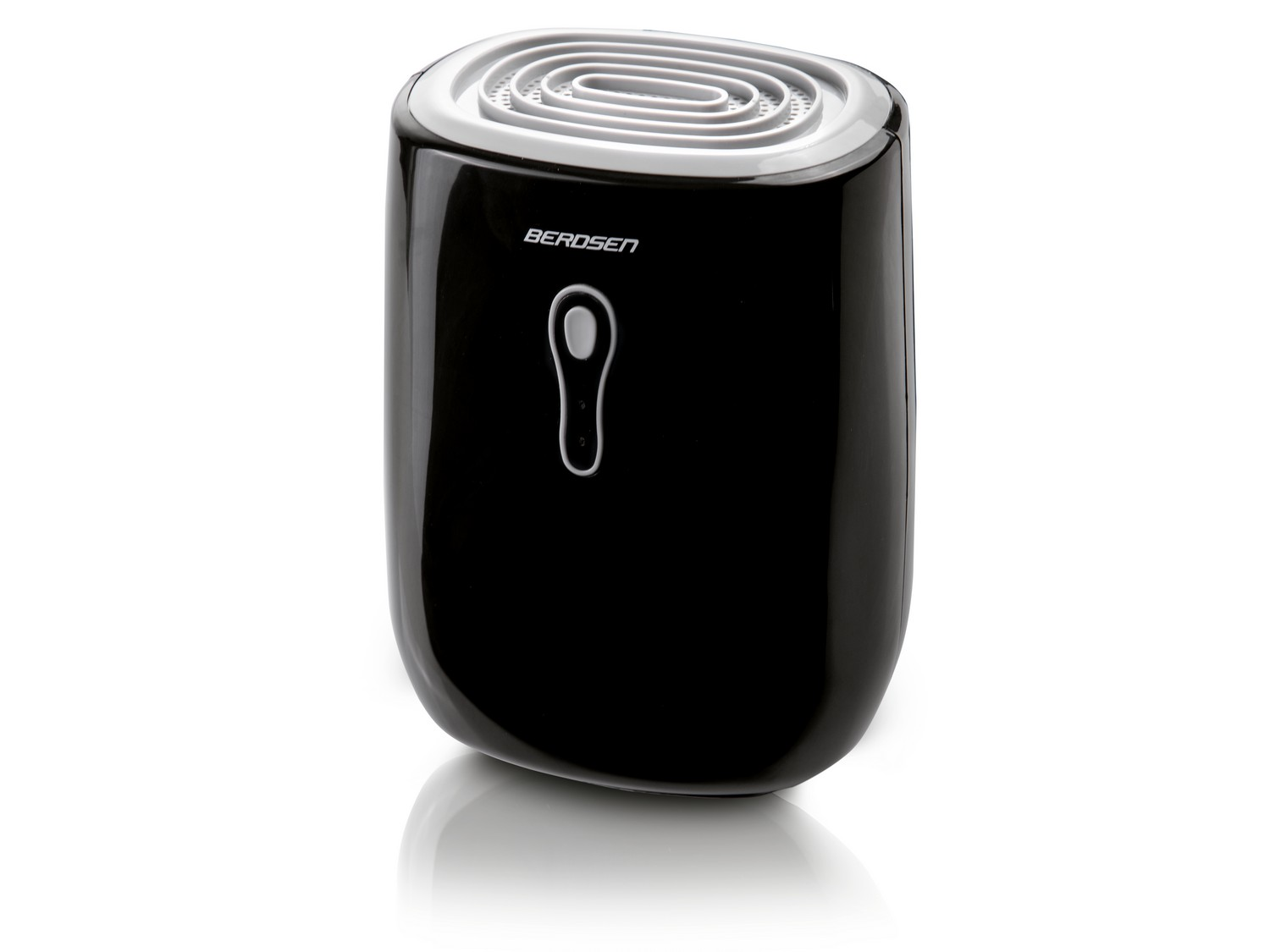 Czarny osuszacz powietrza BERDSEN na białej powierzchni. Ma białą górę ze spiralnym wzorem i przycisk zasilania.