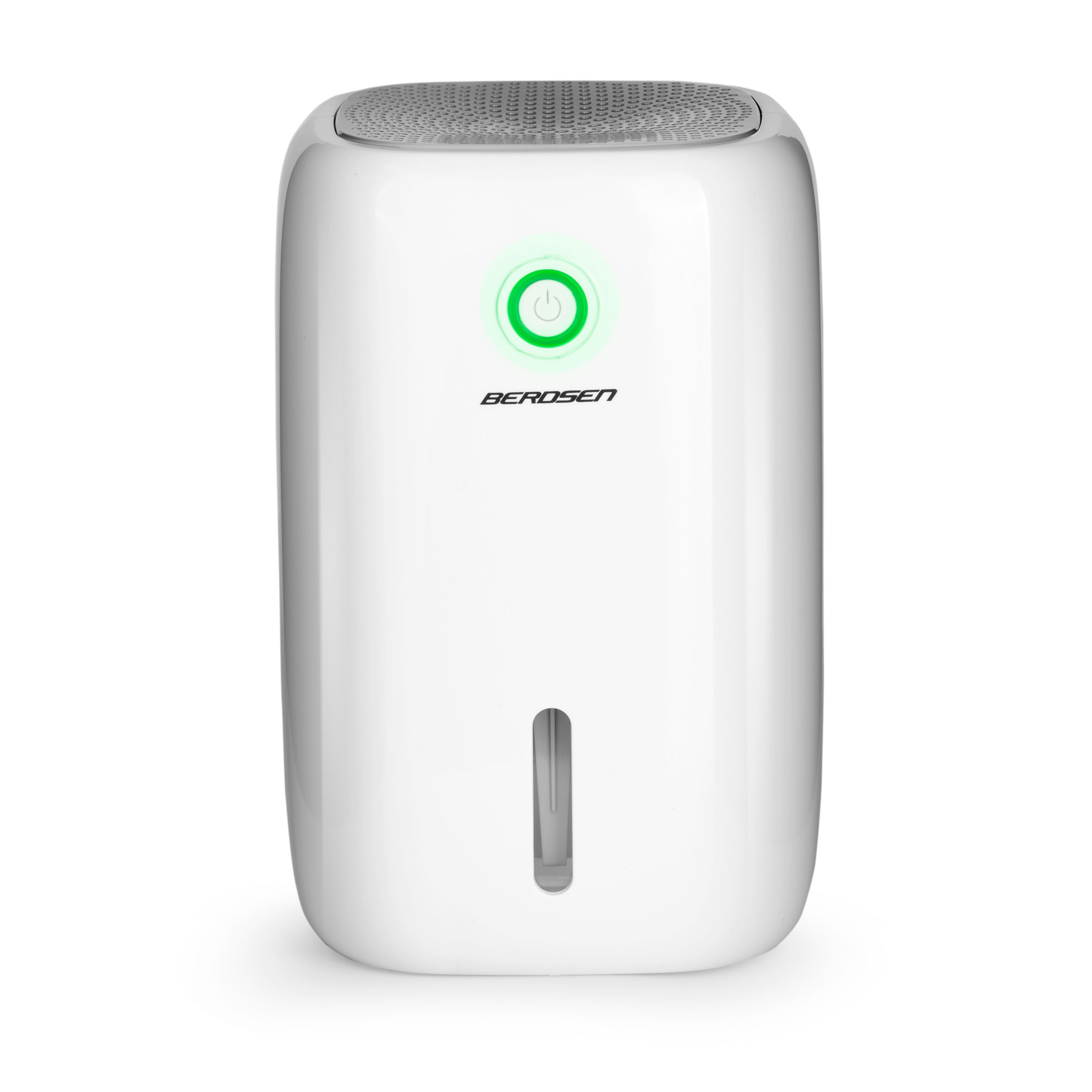 Biały osuszacz powietrza z zielonym przyciskiem zasilania, marka Berdsen.