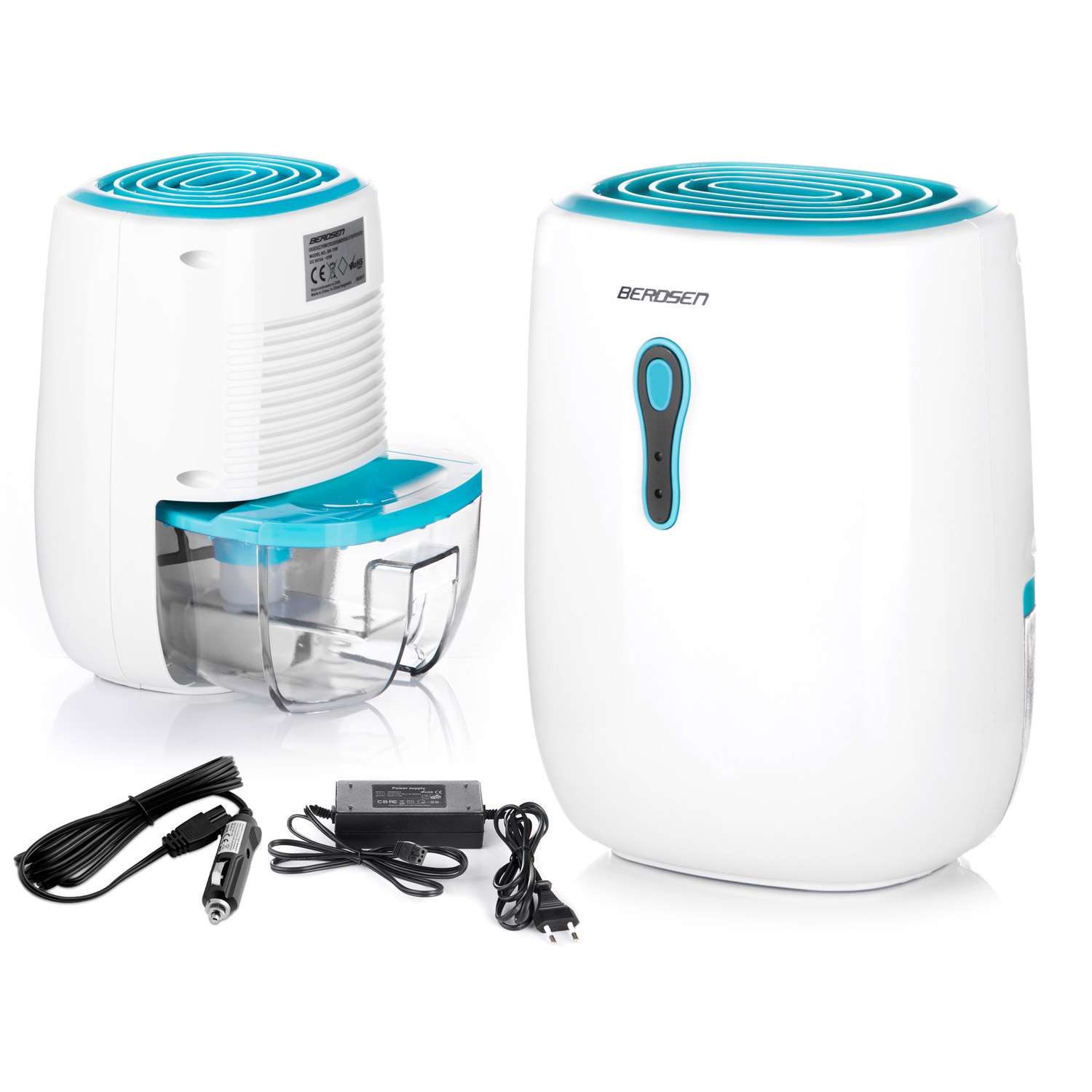Dwa białe osuszacze powietrza BEROSEN z turkusowymi akcentami. Jeden pokazuje zbiornik na wodę. Kable i zasilacze na dole.