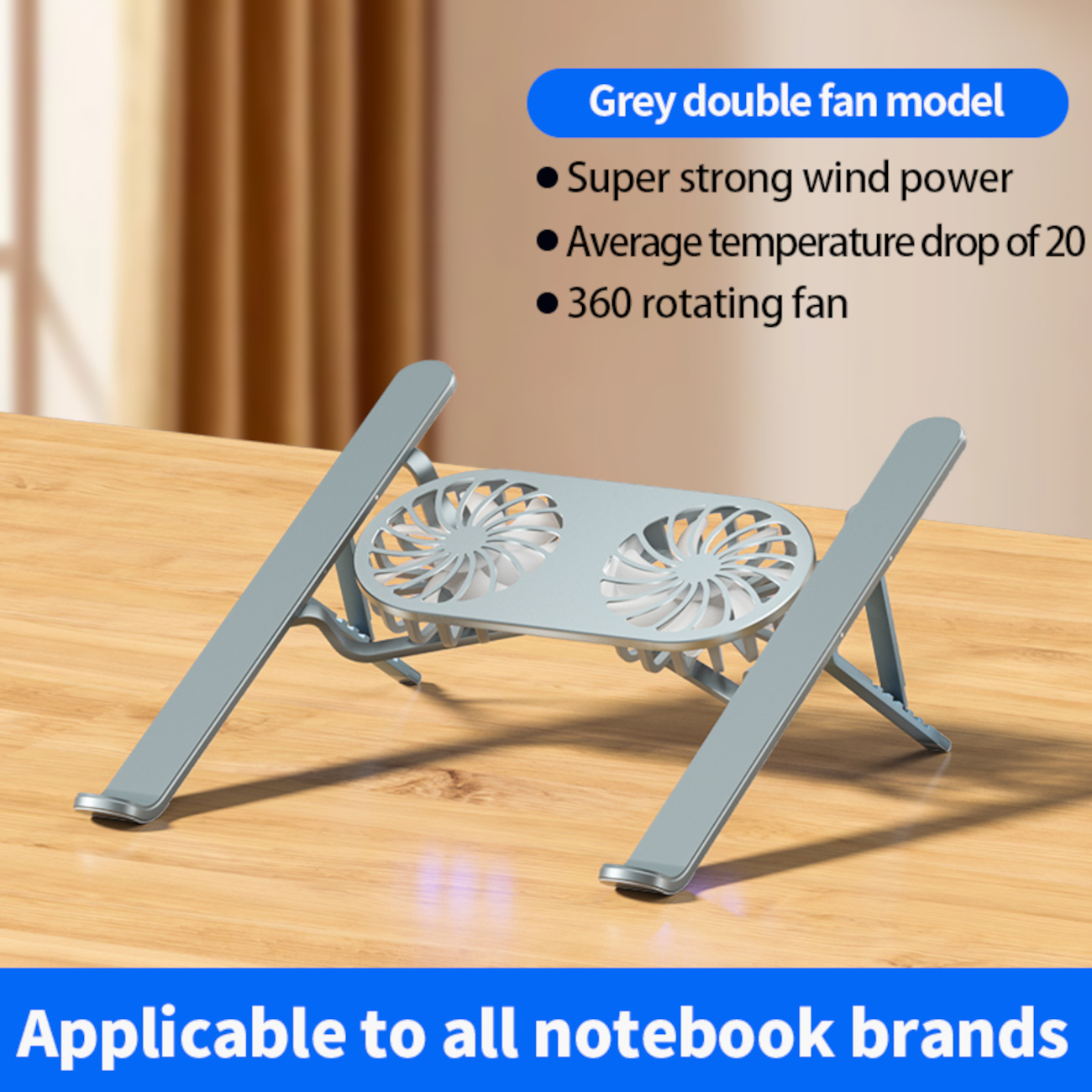 Ein grauer Laptop-Kühlständer mit zwei Lüftern. Text: Graues Doppel-Lüfter-Modell, super starke Windkraft, 360 rotierender Lüfter, für alle Marken geeignet.