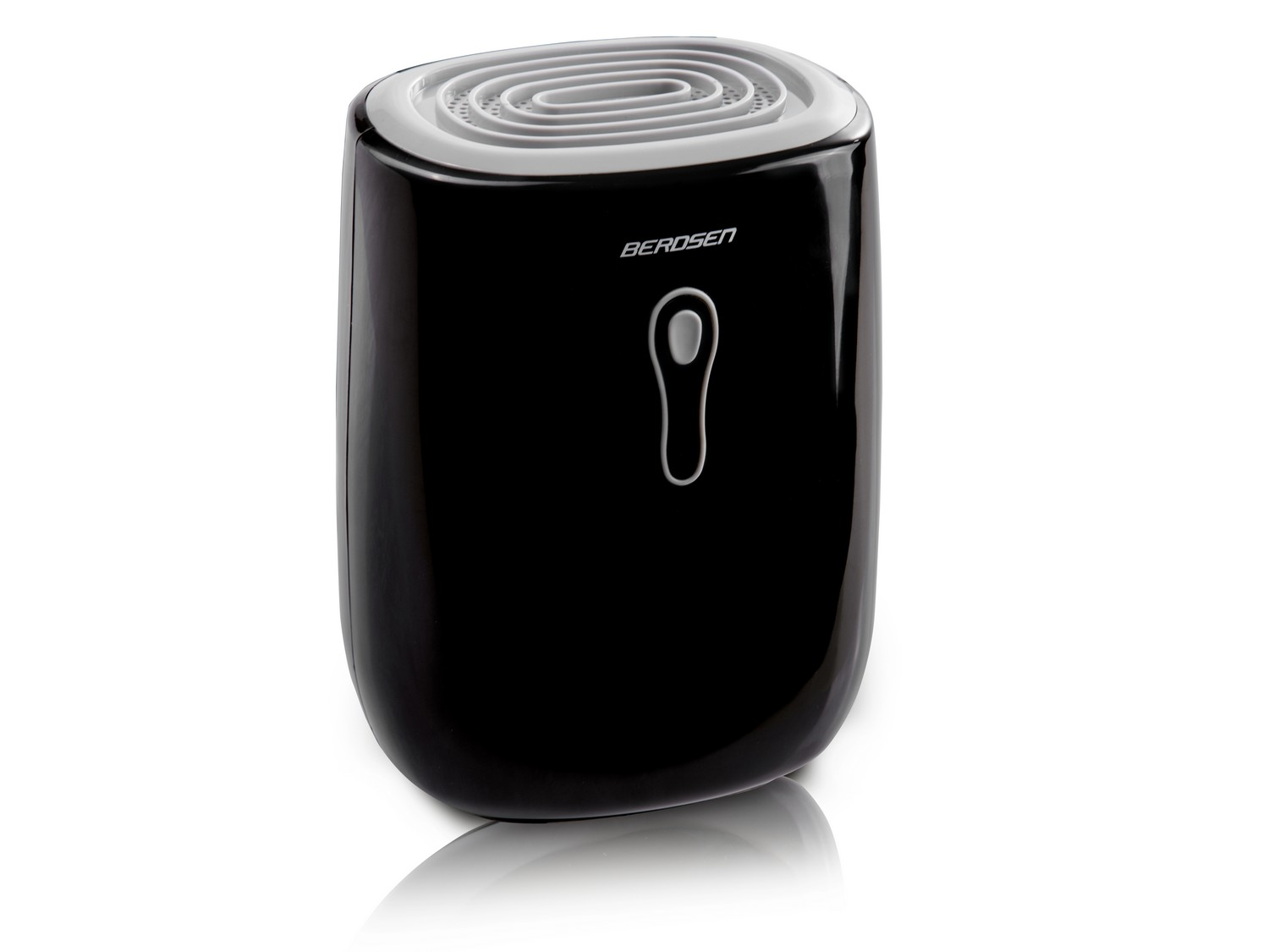 Czarny oczyszczacz powietrza Berosen z białą górą i przyciskiem zasilania. Tło jest białe.