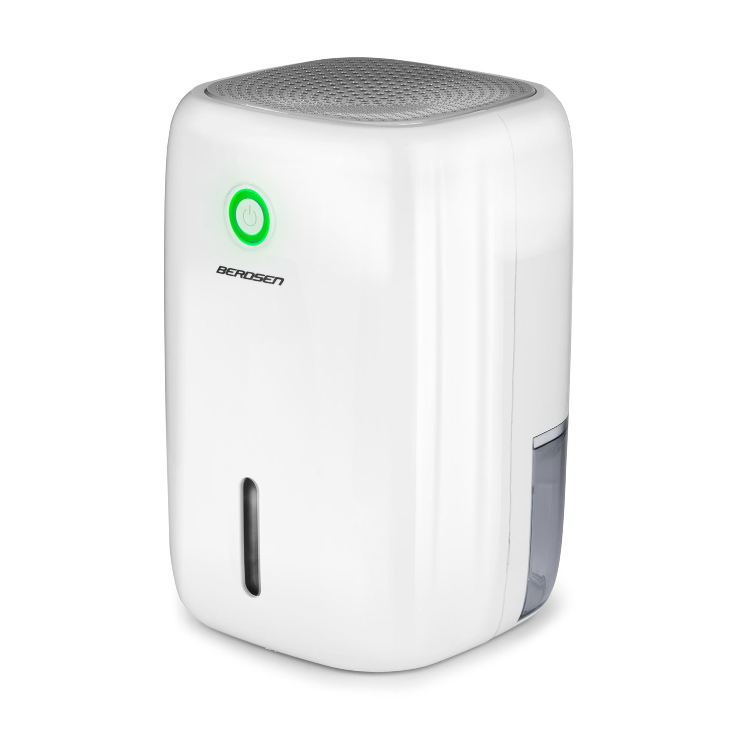 Biały osuszacz powietrza Berosen na białym tle, z zielonym przyciskiem zasilania i wskaźnikiem poziomu wody.
