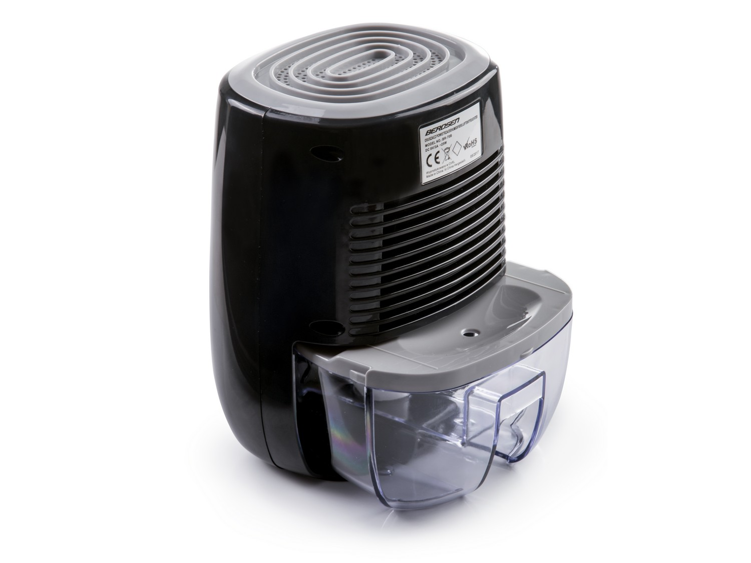 Czarny i szary osuszacz powietrza Berosen. Posiada zbiornik na wodę i otwór wentylacyjny. Tło jest białe.