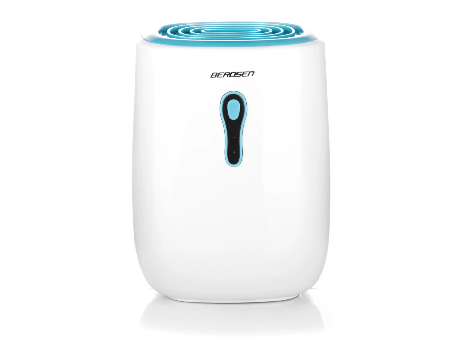 Biały osuszacz powietrza Berosen. Ma niebieski wierzch ze spiralnym wzorem, niebieski przycisk i widoczną nazwę marki.
