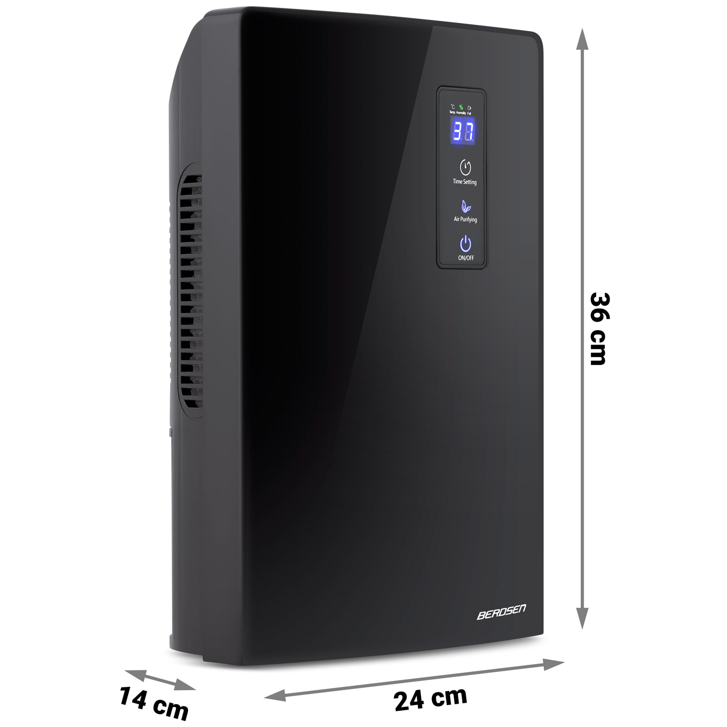 Czarny oczyszczacz powietrza z cyfrowym wyświetlaczem, pokazującym 30 i różne ustawienia. Wymiary: 24x14x36 cm. Jest napis 'BEROSEN'.