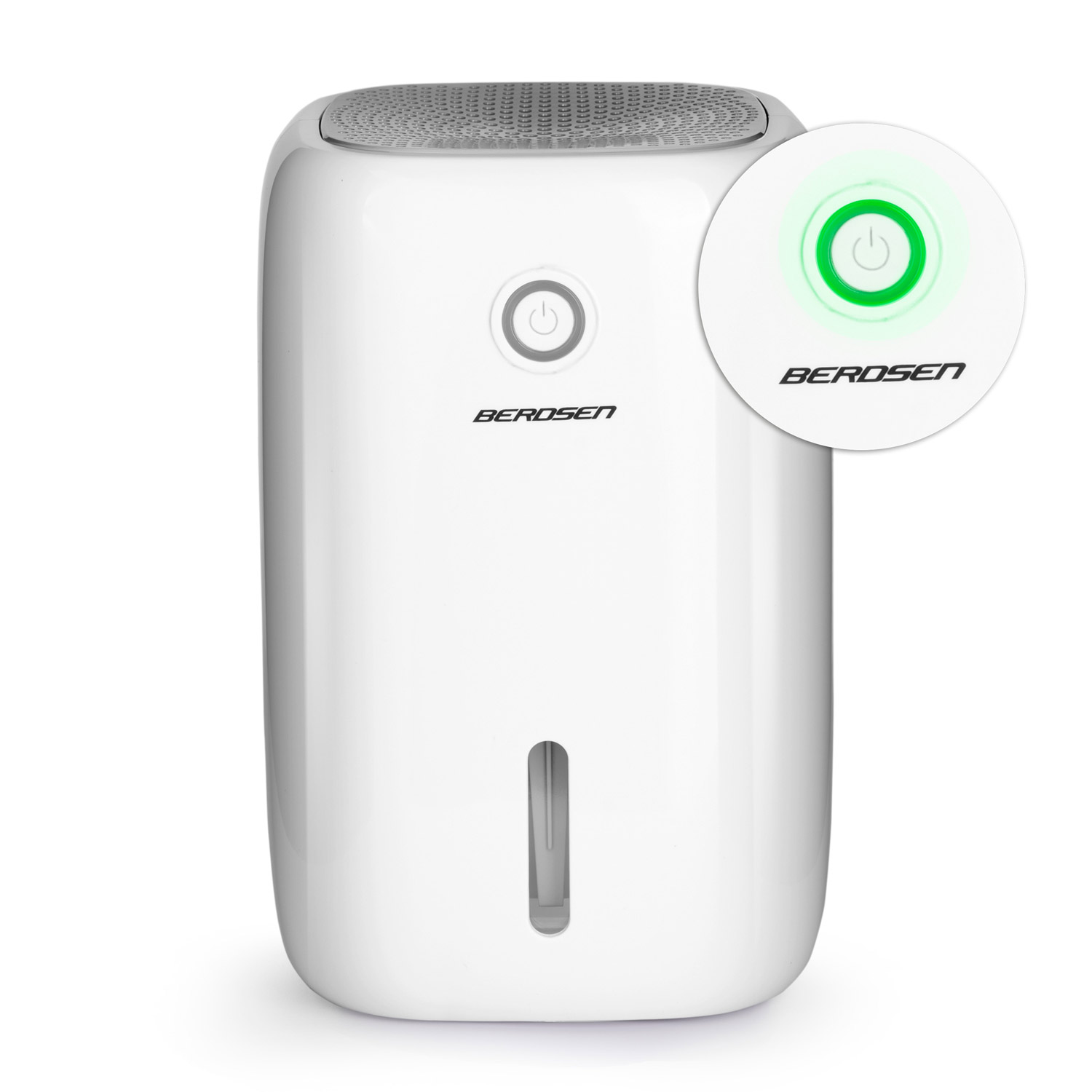 Biały osuszacz powietrza. Przycisk zasilania świeci na zielono. Widoczna marka BERDSEN.