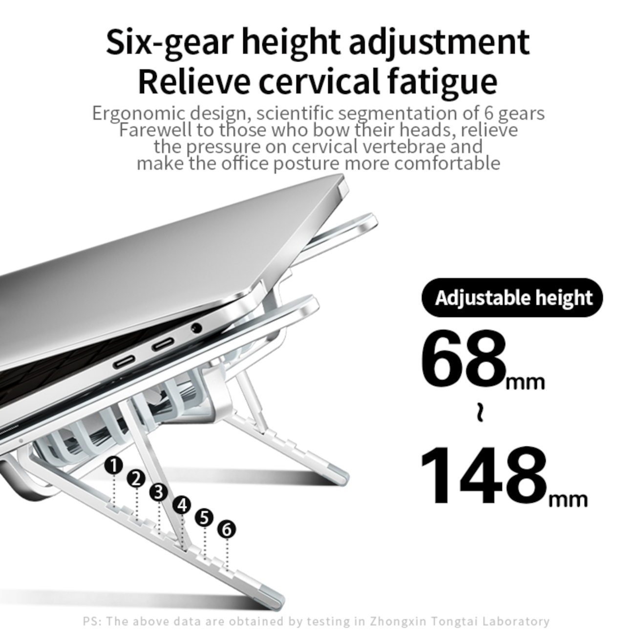 Ein weißer Laptop-Ständer mit einstellbaren Höheneinstellungen. Die Zahlen 1-6 zeigen die Höhenstufen an. Text erwähnt Nackenermüdungsentlastung und ergonomisches Design.