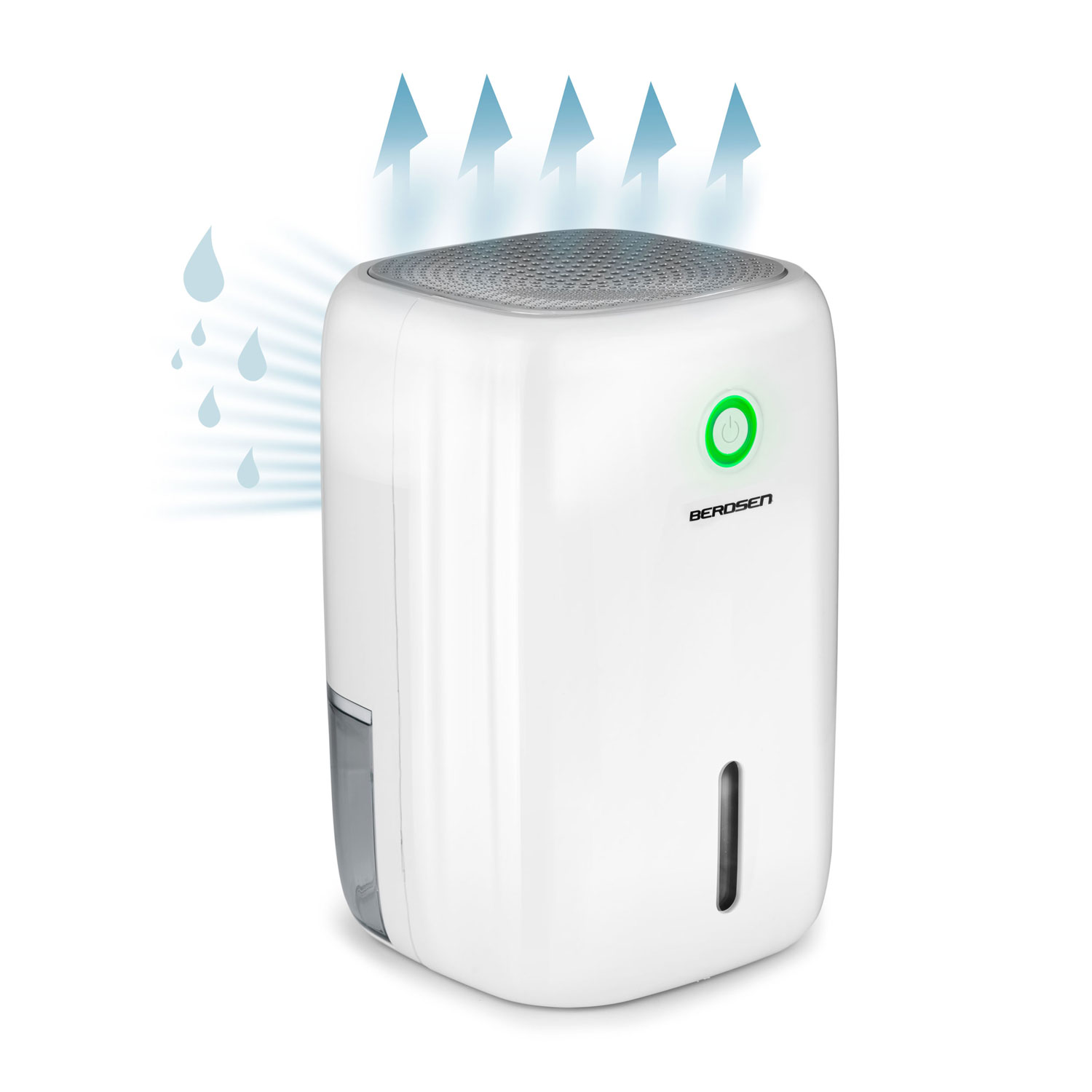 Biały osuszacz powietrza Berosen z zielonym przyciskiem zasilania, kroplami wody i niebieskimi strzałkami wskazującymi przepływ powietrza, na białym tle.