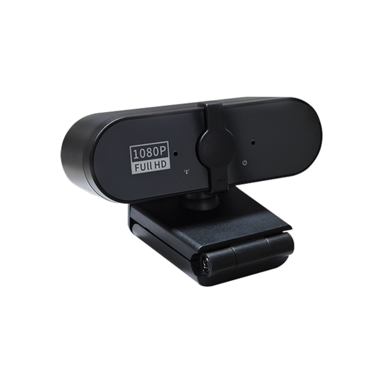 Una webcam nera 1080p Full HD. Ha un obiettivo e una base a clip. Lo sfondo è bianco.