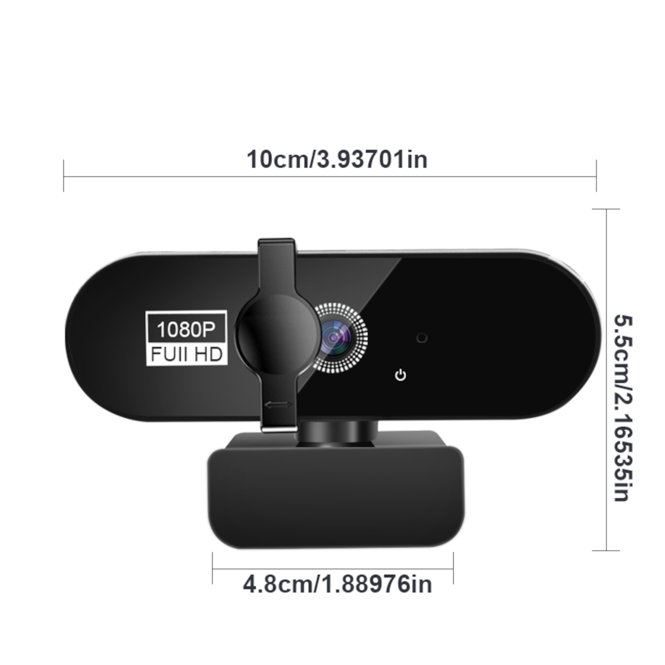 Webcam nera con etichette di misurazione. Ha un obiettivo, un pulsante di accensione e un supporto. Marchiata come 1080P Full HD.