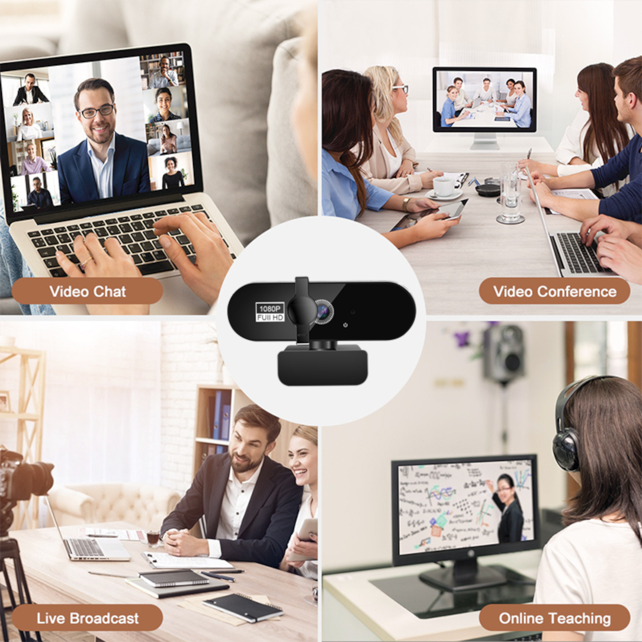 L'immagine mostra scenari di videoconferenza: chat video su laptop, riunione su monitor, trasmissione in diretta e insegnamento online. Una webcam è centrata.