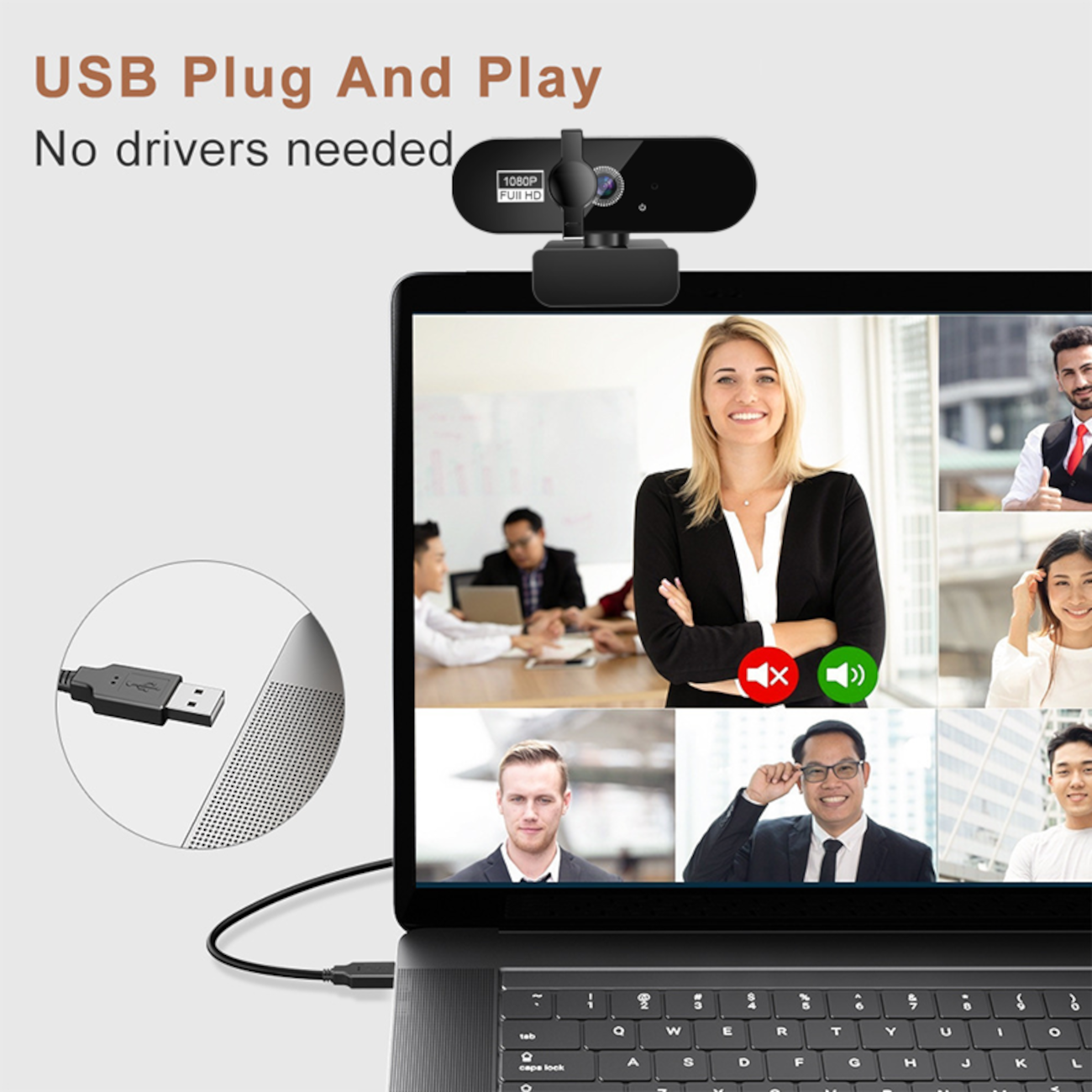 Una webcam su un laptop mostra una videochiamata con diverse persone. Il laptop ha un cavo USB collegato. Testo: 'USB Plug And Play'.