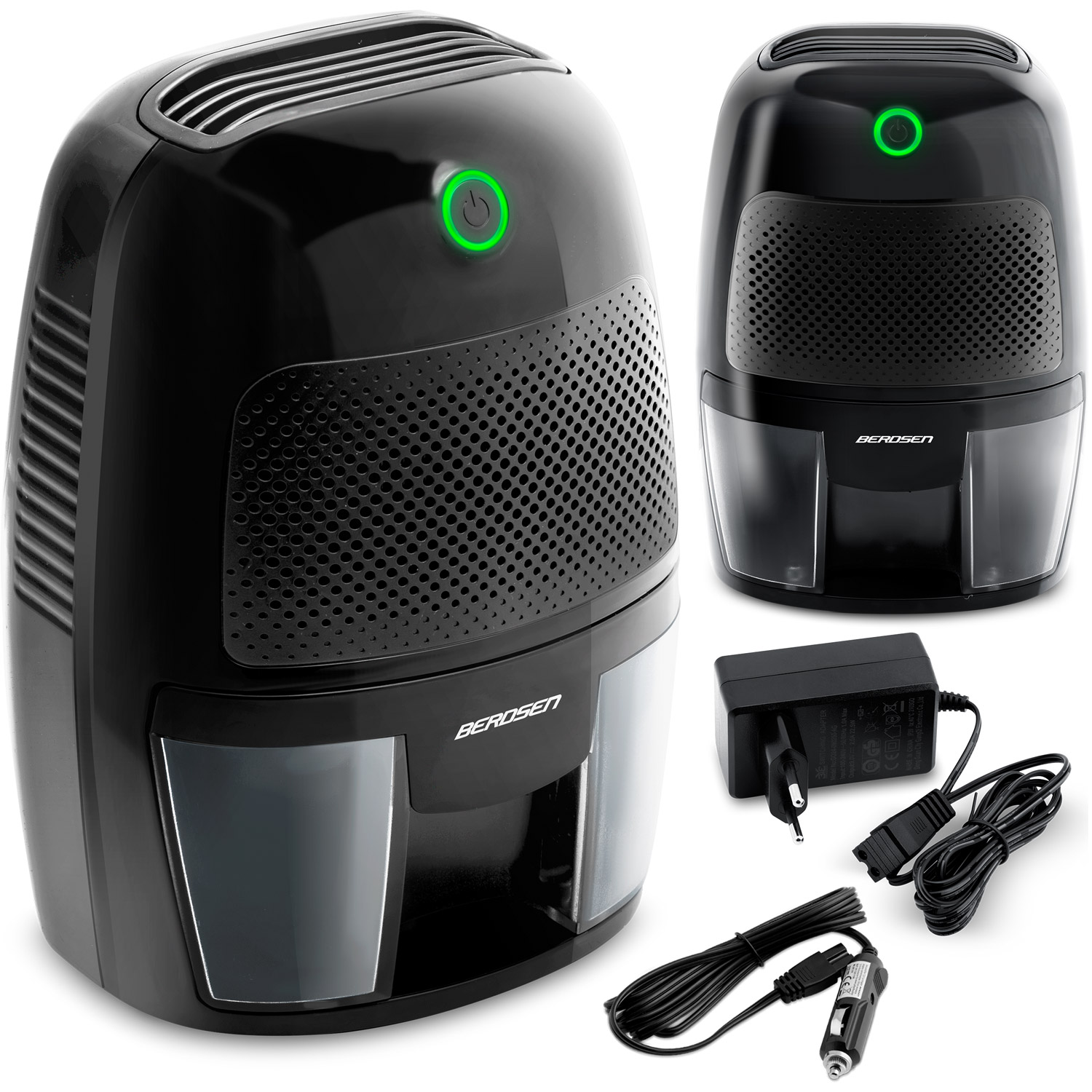 Czarny osuszacz powietrza BEROSEN z zielonym przyciskiem zasilania, widok z boku i z przodu, plus zasilacz i adapter samochodowy na białym.