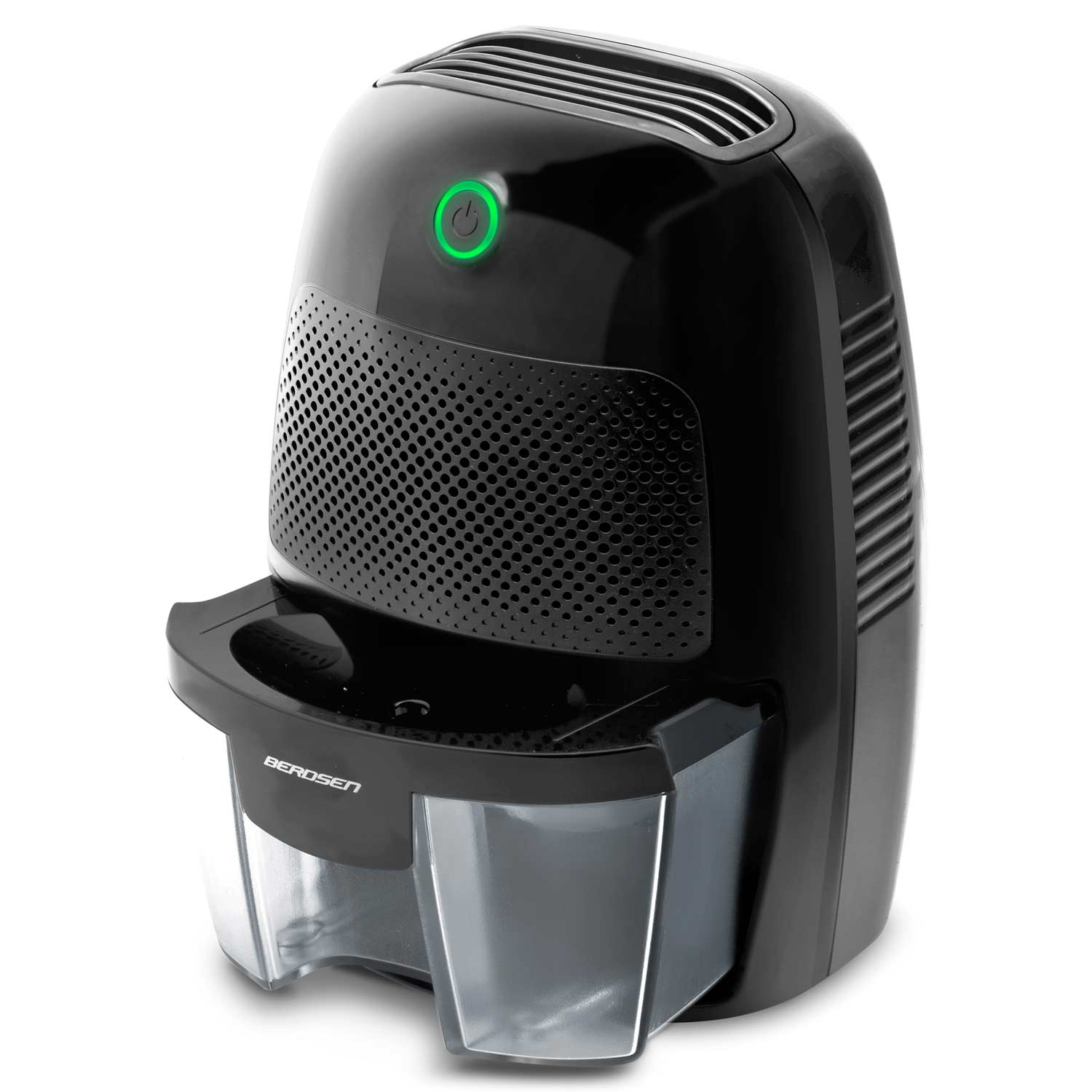 Czarny osuszacz powietrza Berdsen na białym tle. Ma zielony przycisk zasilania. Posiada wyjmowany zbiornik na wodę.