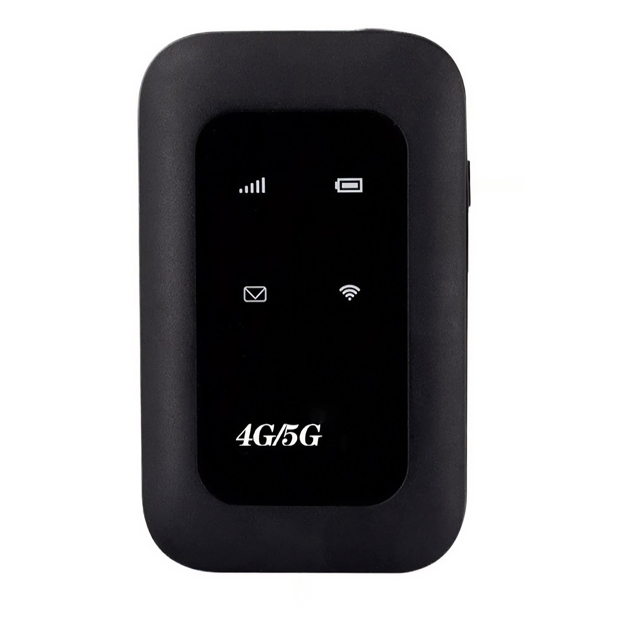 Schwarzer 4G/5G-Mobil-Hotspot. Es hat einen Bildschirm mit Signal-, Batterie-, E-Mail- und WLAN-Symbolen.