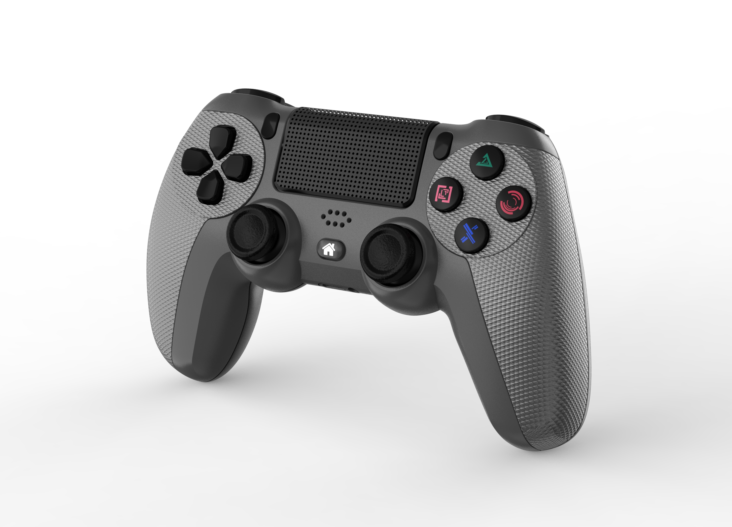 Un controller PS4 grigio e nero è su una superficie bianca. Ha pulsanti e joystick.