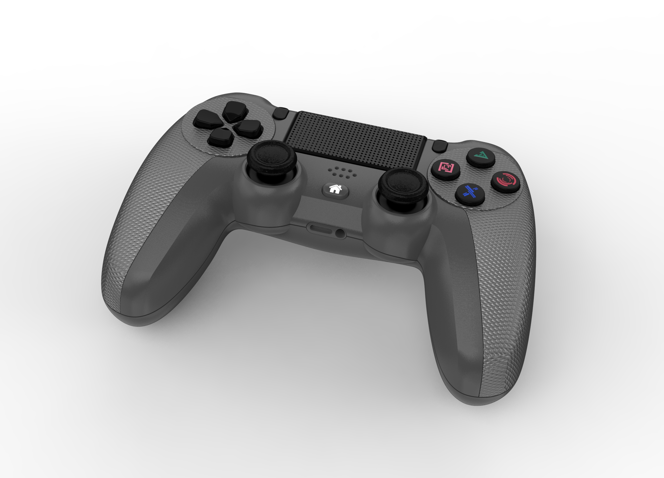 Un controller di gioco grigio con pulsanti neri e impugnatura strutturata, su sfondo bianco.