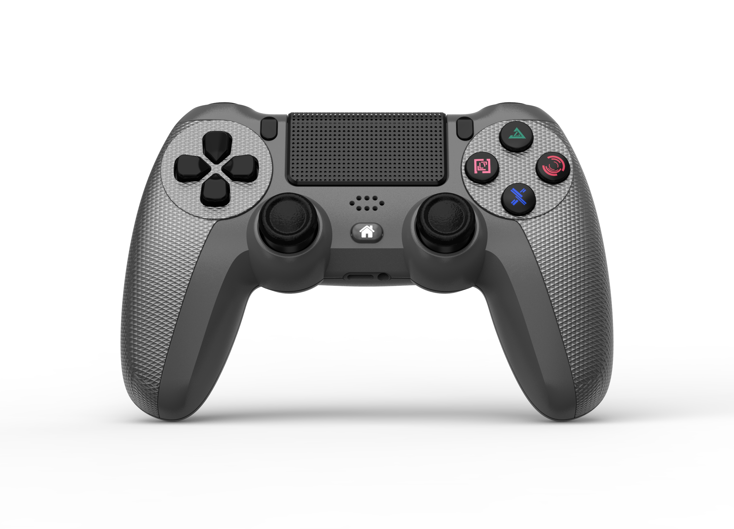 Un controller PlayStation grigio e nero è centrato su uno sfondo bianco. Ha pulsanti e joystick.