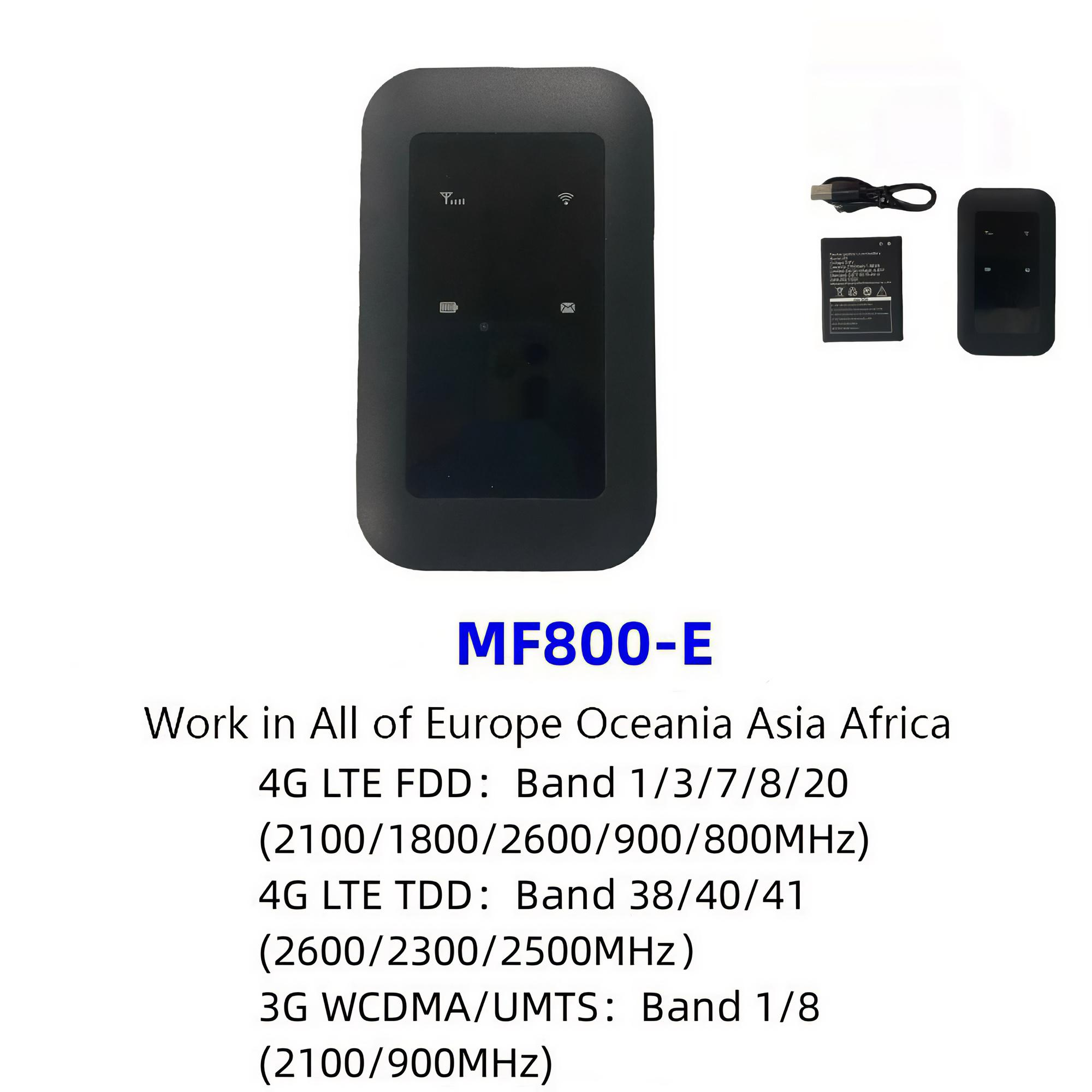 Schwarzer mobiler Hotspot MF800-E mit Zubehör: Akku, Ladegerät und Gerät. Text zeigt Netzwerkkompatibilitätsinformationen.