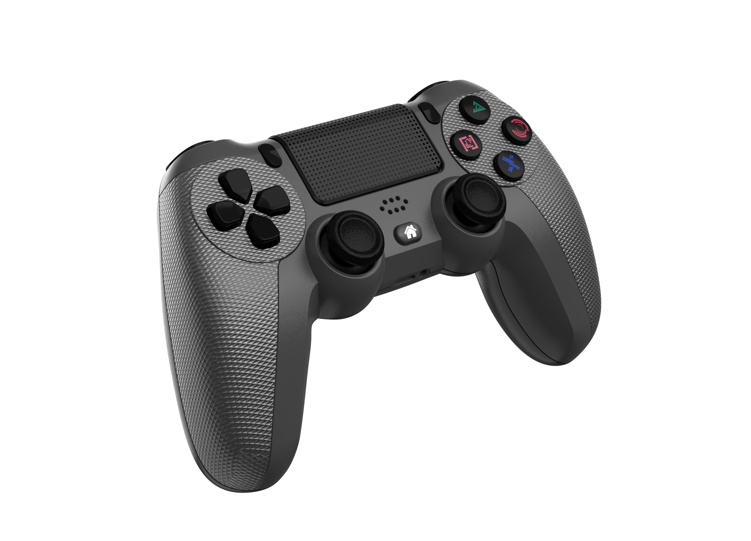 Un gamepad grigio su sfondo bianco. Ha pulsanti colorati a destra e levette nere.