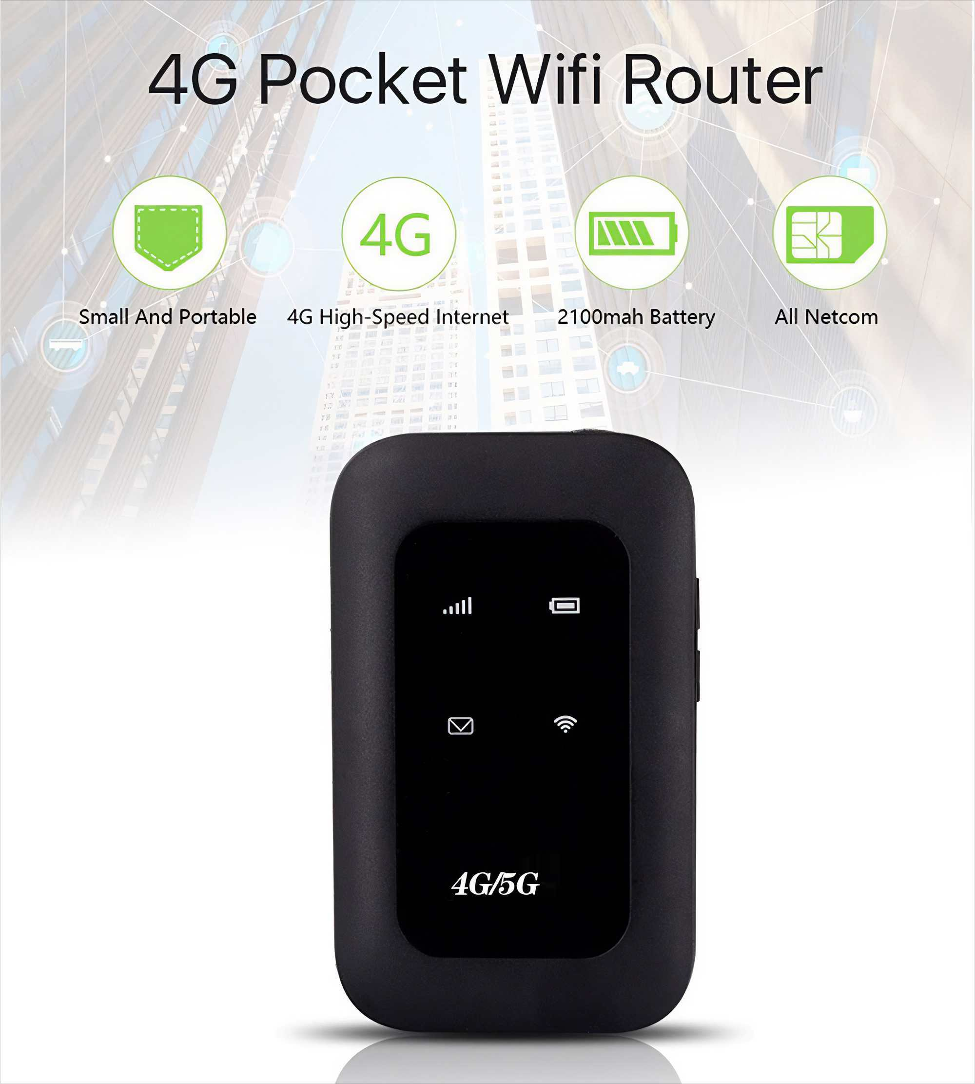 Ein schwarzer 4G/5G-Taschen-WLAN-Router. Er hat einen Bildschirm mit Symbolen und Informationen. Oben steht '4G Pocket WiFi Router'.