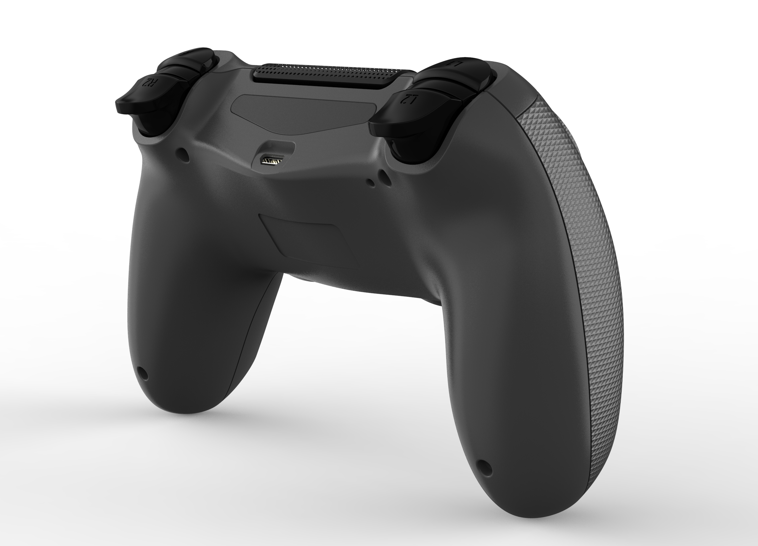 Un controller di gioco nero è mostrato su sfondo bianco. Ha pulsanti e impugnature testurizzate, e il retro è visibile.