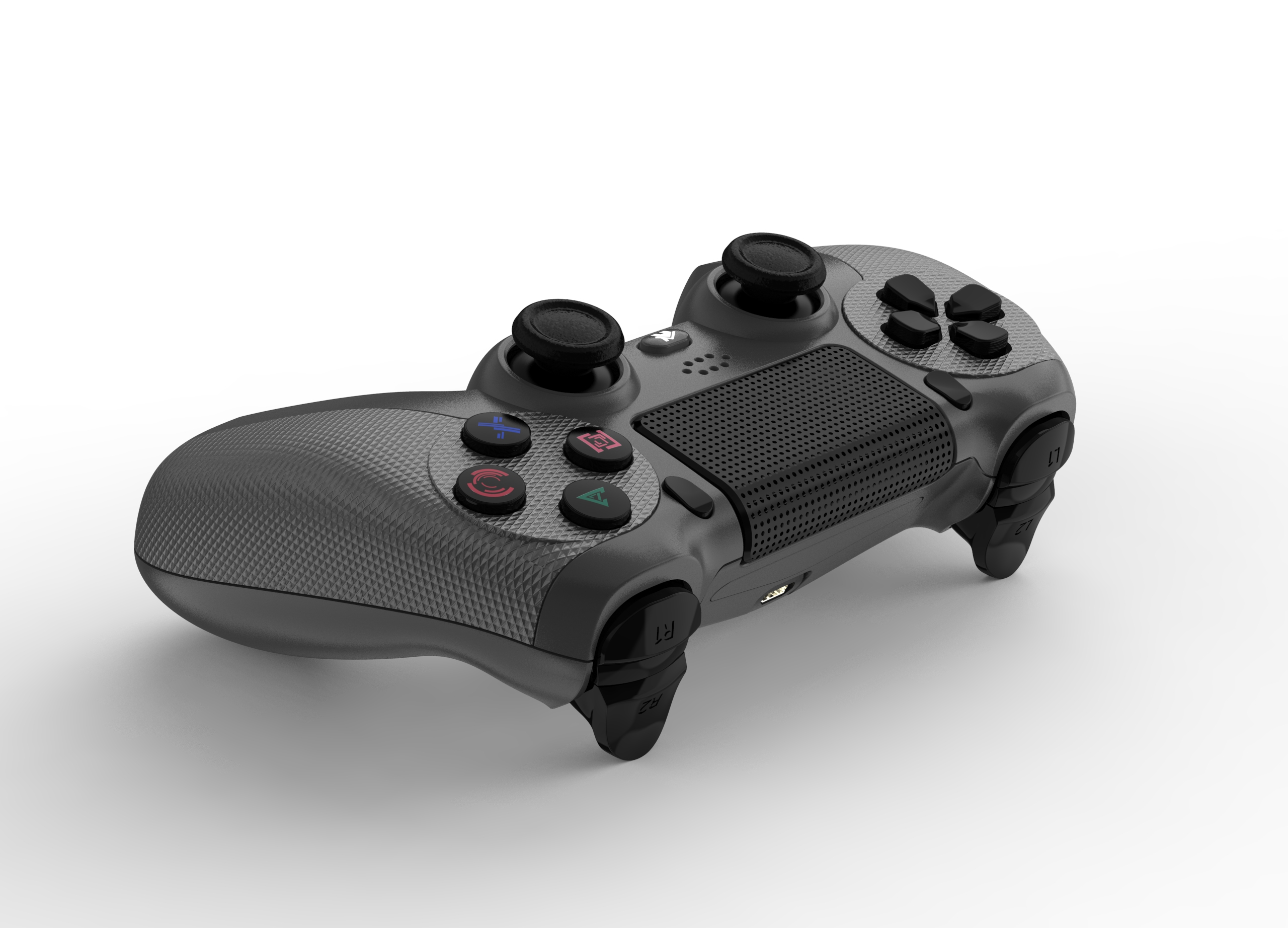 Un gamepad grigio e nero è su una superficie bianca. Ha pulsanti, levette e un'impugnatura strutturata.