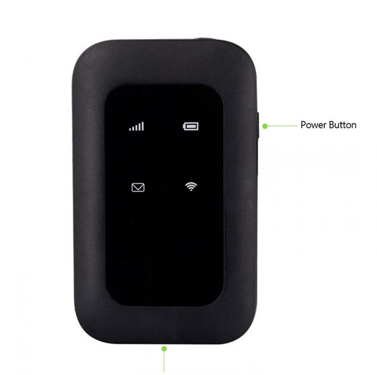 Schwarzer, tragbarer Wi-Fi-Router mit Bildschirm, der Signal-, Akku- und Verbindungsstatus-Symbole anzeigt, sowie eine Power-Taste und einen Ladeanschluss.