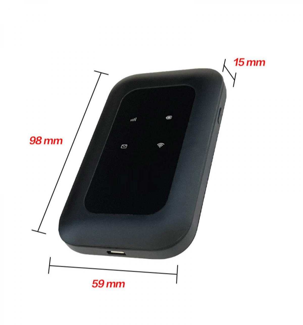 Schwarzer, tragbarer WLAN-Router mit Größenangaben: 98 mm x 59 mm x 15 mm. Merkmale sind Signal-, E-Mail- und WLAN-Symbole.