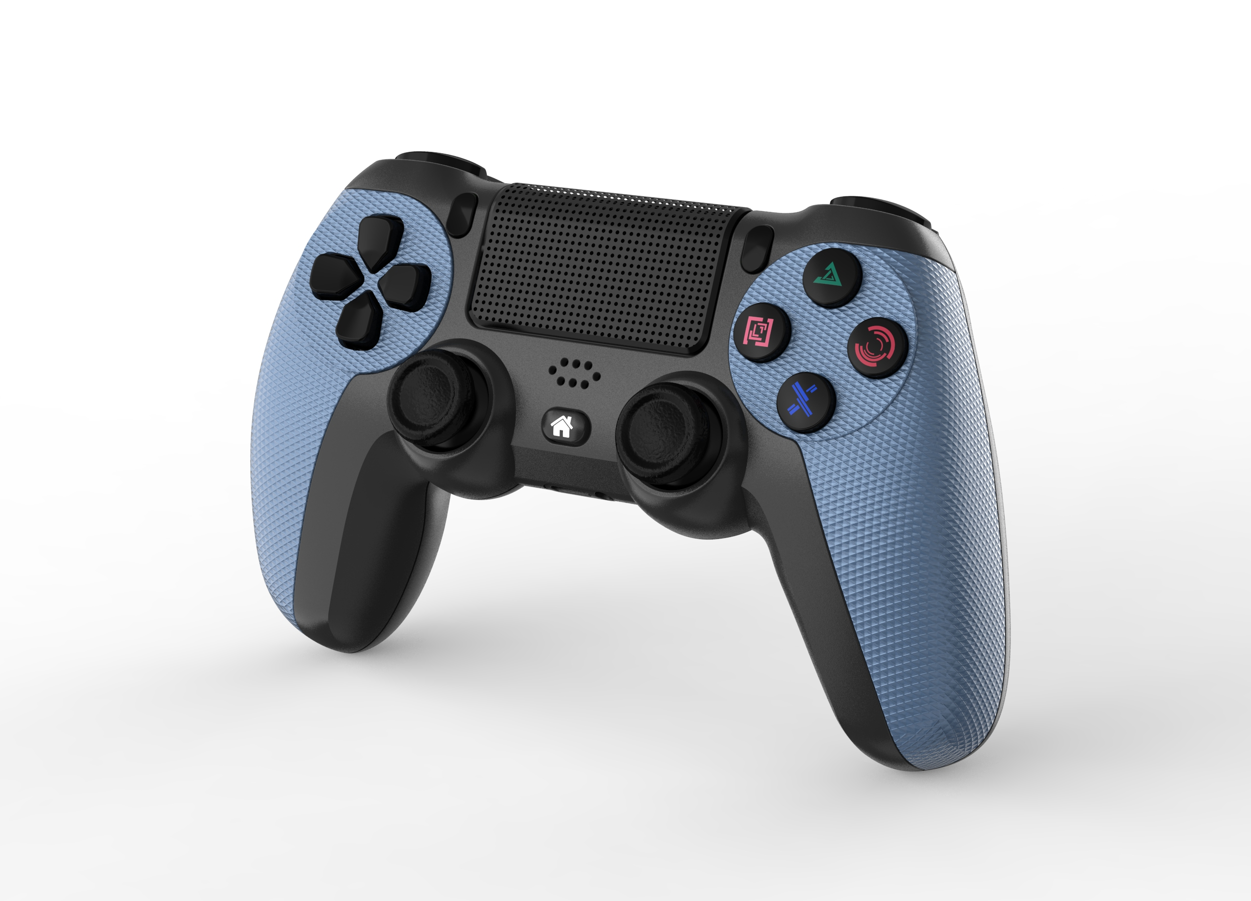 Ein blau-schwarzer Gamecontroller auf weißem Grund. Mit Knöpfen und Steuerknüppeln.