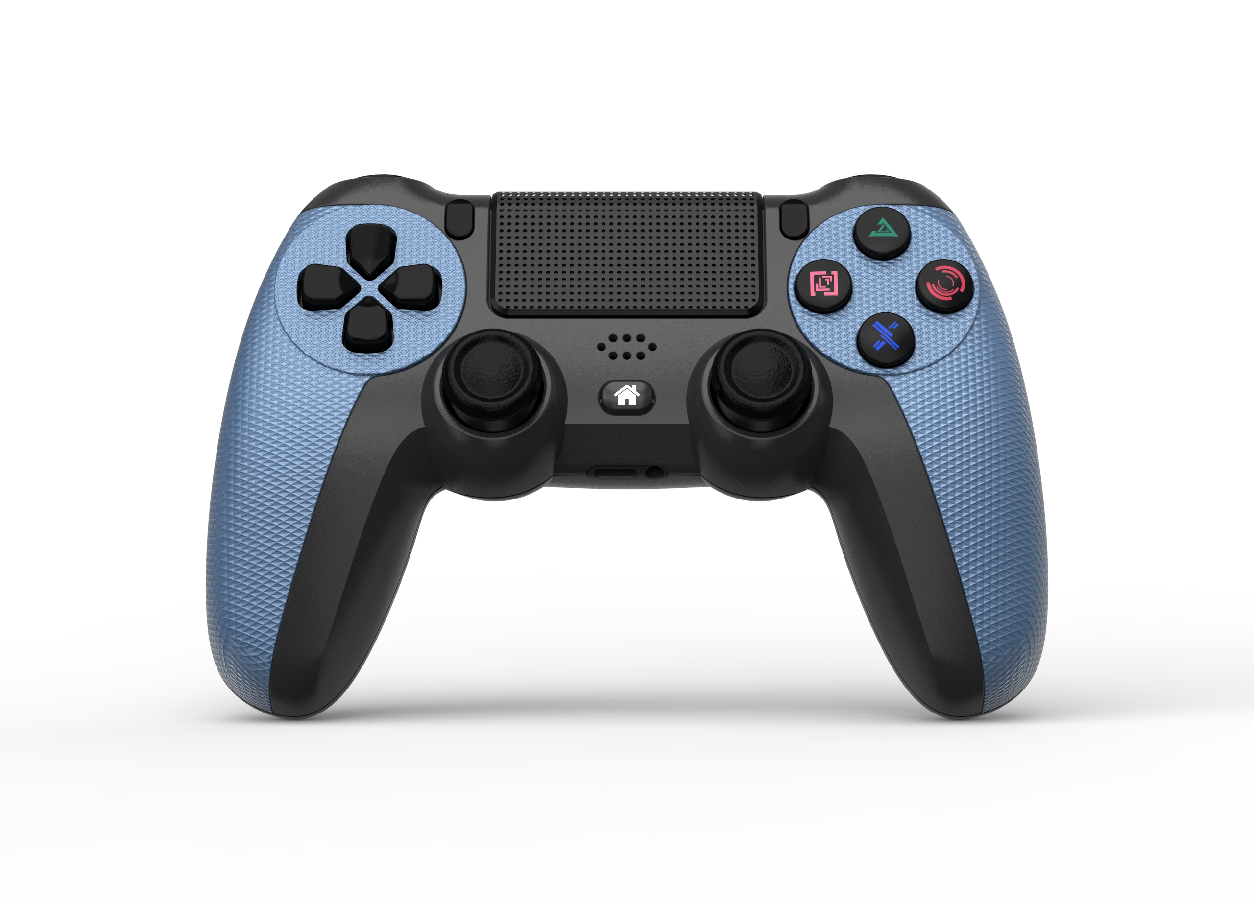 Ein blau-schwarzer Gamecontroller mit Tasten und Joysticks auf weißem Hintergrund.