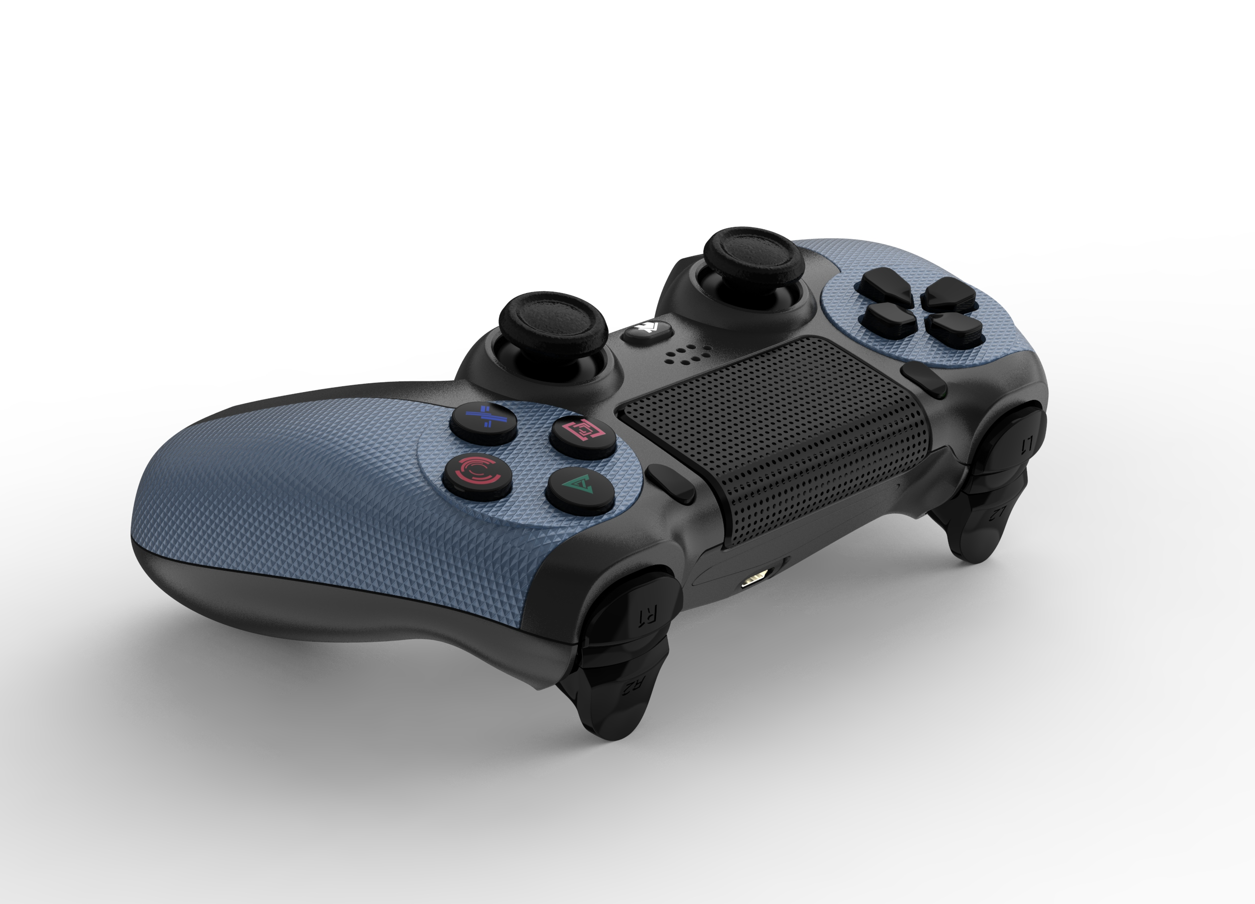 Ein schwarzer und blauer Gamecontroller auf weißem Hintergrund. Tasten und Joysticks sind sichtbar.