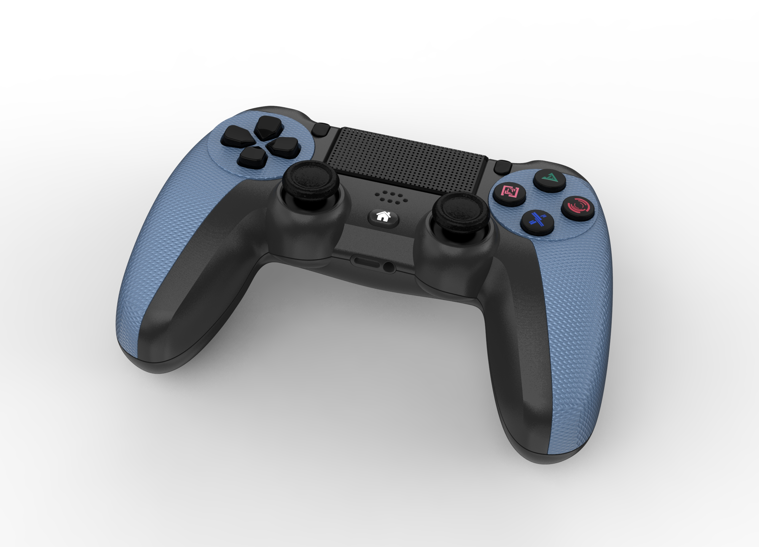 Ein blau-schwarzer Gamecontroller liegt auf einer weißen Oberfläche. Es hat Tasten und Joysticks. Der Hintergrund ist weiß.