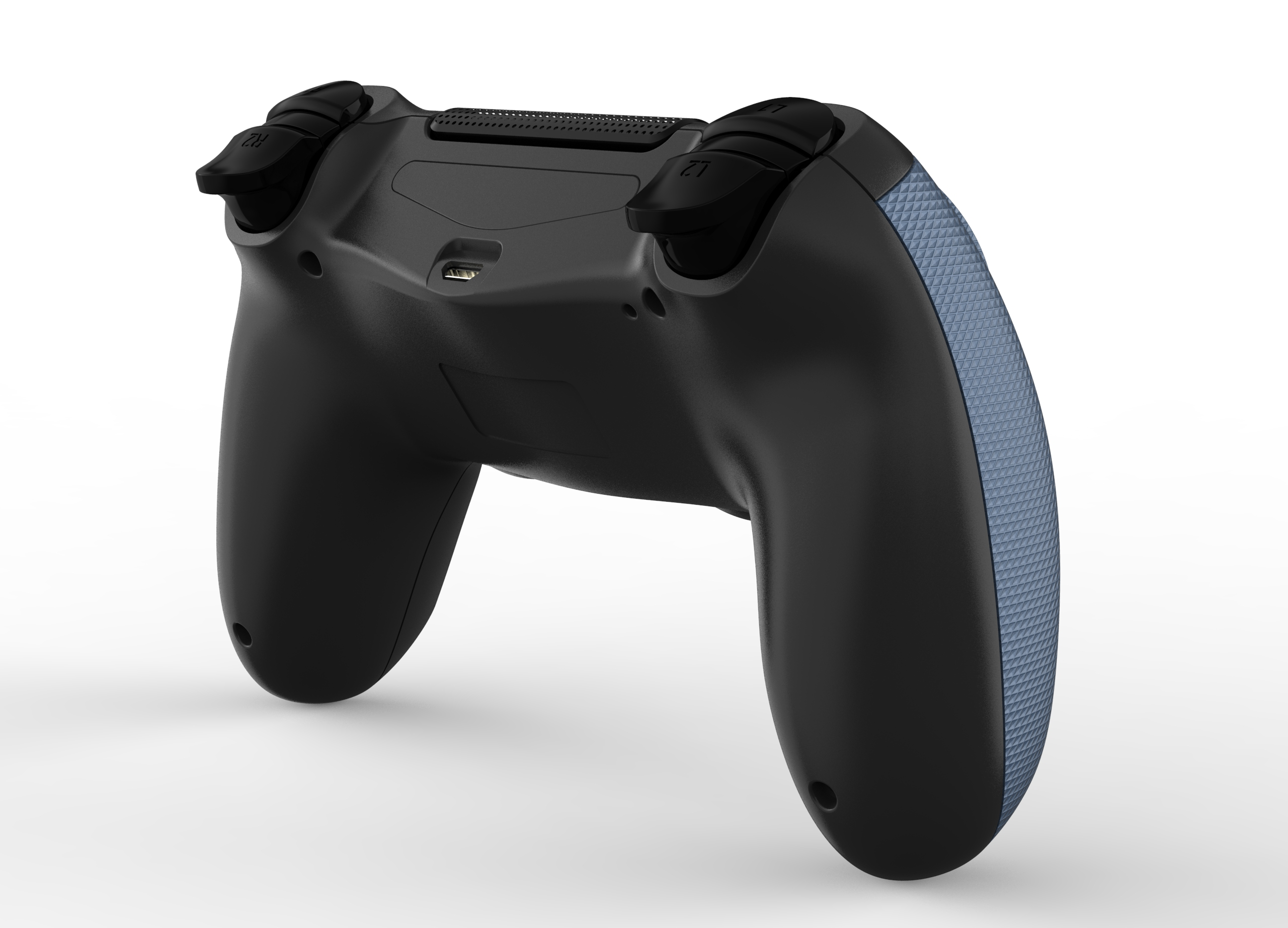 Schwarzer Gamecontroller mit blau strukturierten Griffen, Tasten mit R2 und L2, USB-Anschluss und weißem Hintergrund.