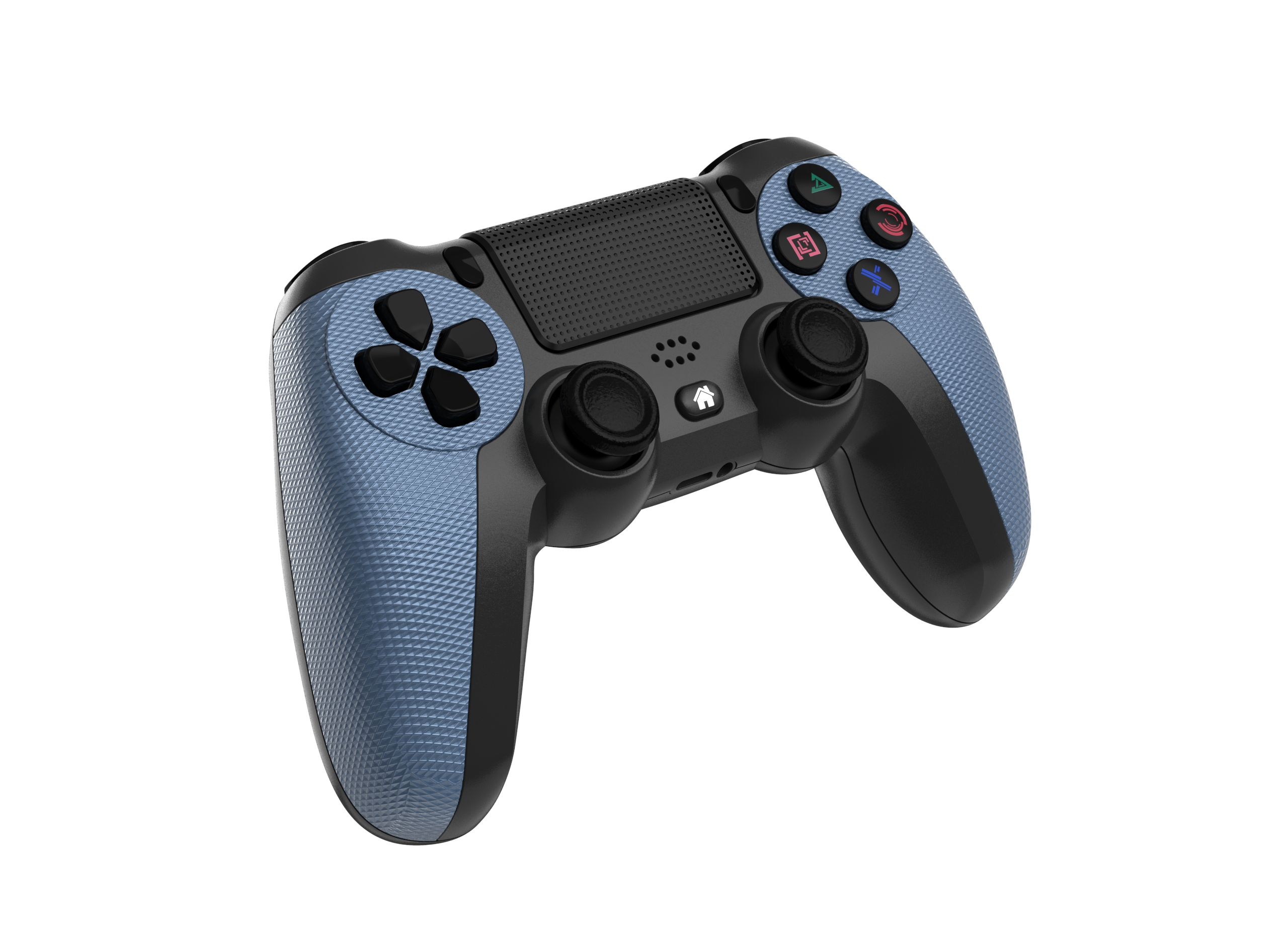 Ein blau-schwarzer Game-Controller. Er ist vor einem weißen Hintergrund isoliert.