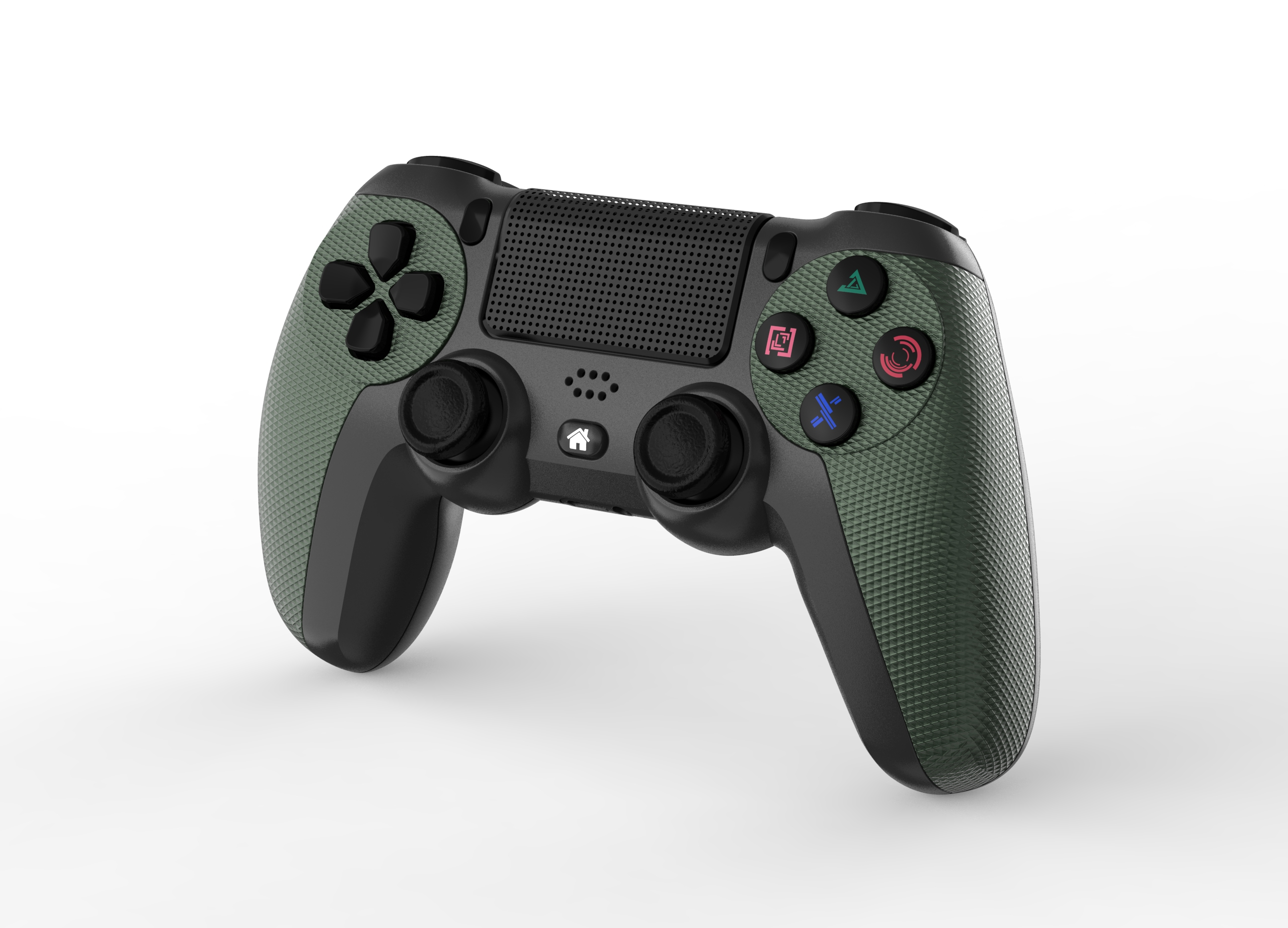 Un gamepad nero e verde oliva con pulsanti e joystick, su sfondo bianco.