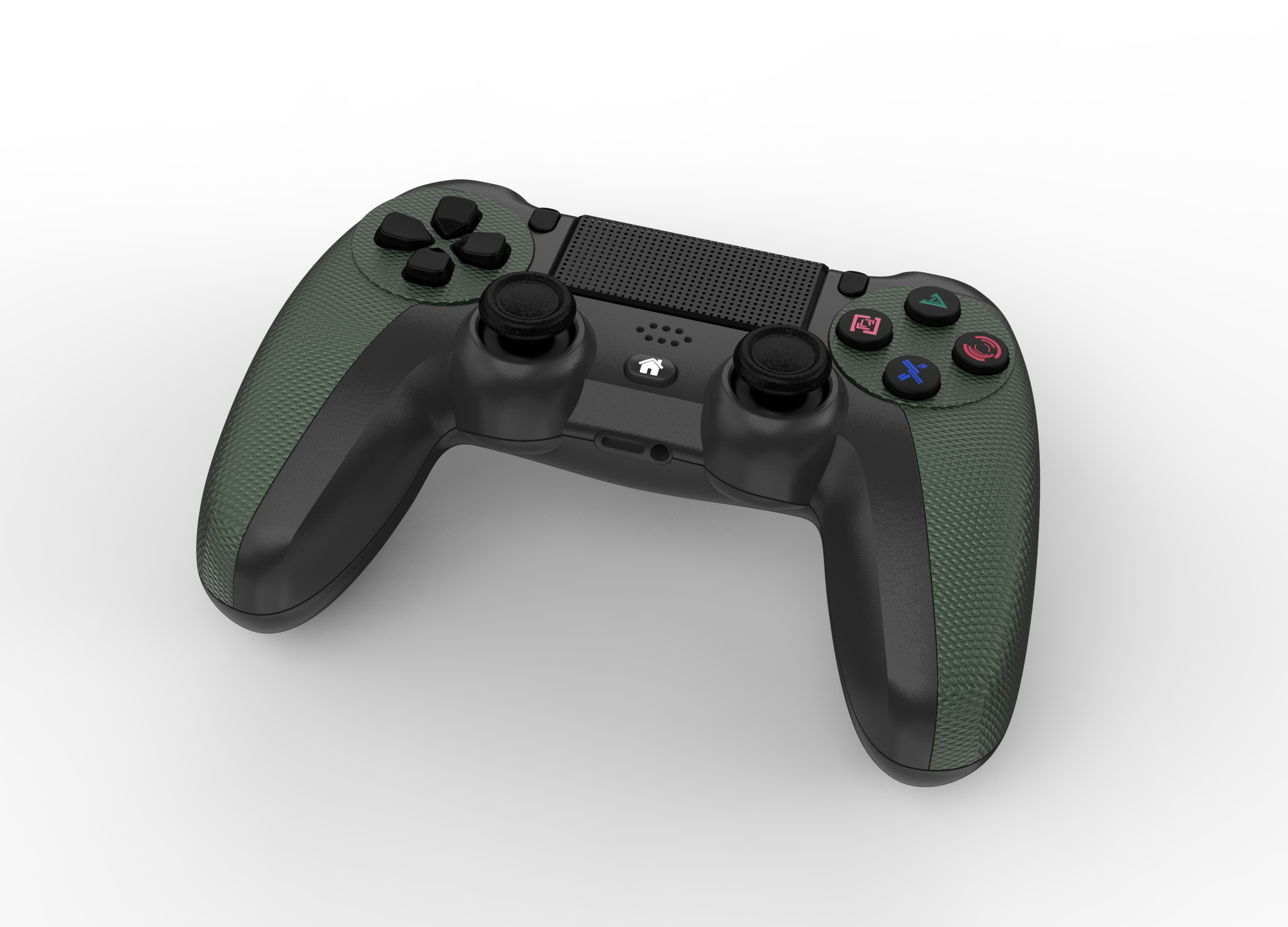 Un gamepad verde e nero su una superficie bianca. Ha pulsanti e joystick.