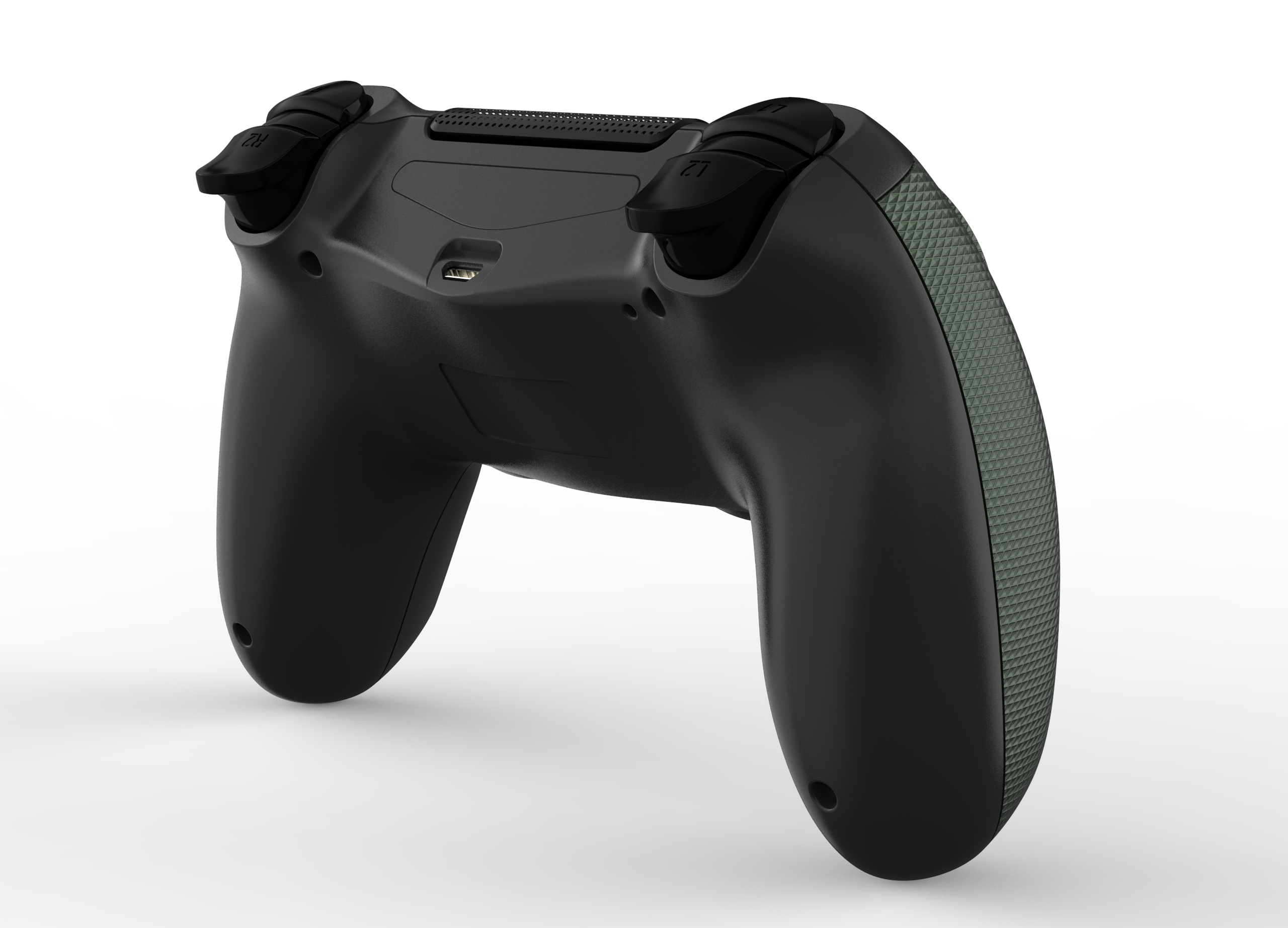 Controller di gioco nero con impugnatura strutturata, pulsanti R2 e L2. Porta USB visibile. Sfondo bianco.