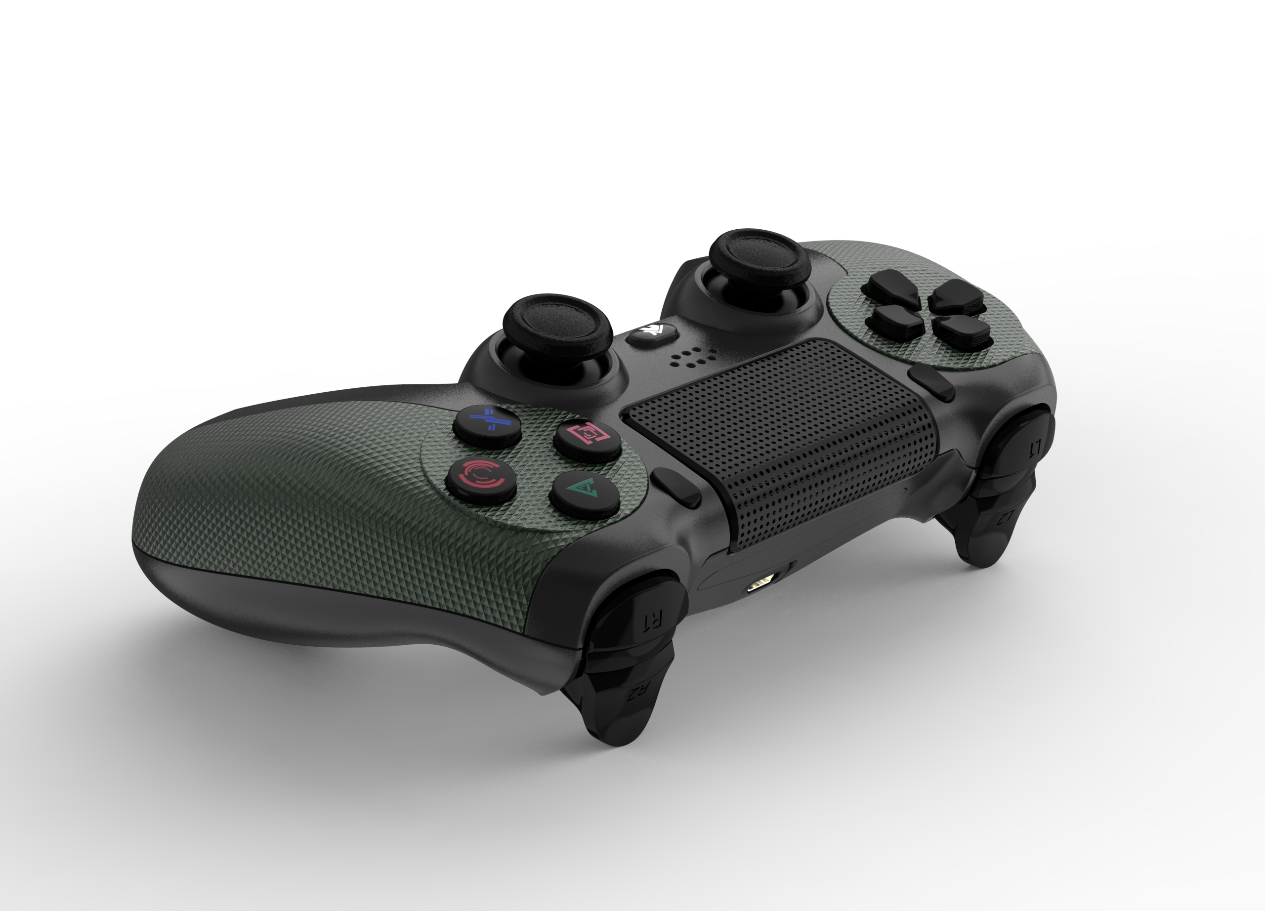Un controller di gioco nero e verde è su una superficie bianca. Ha pulsanti e joystick.