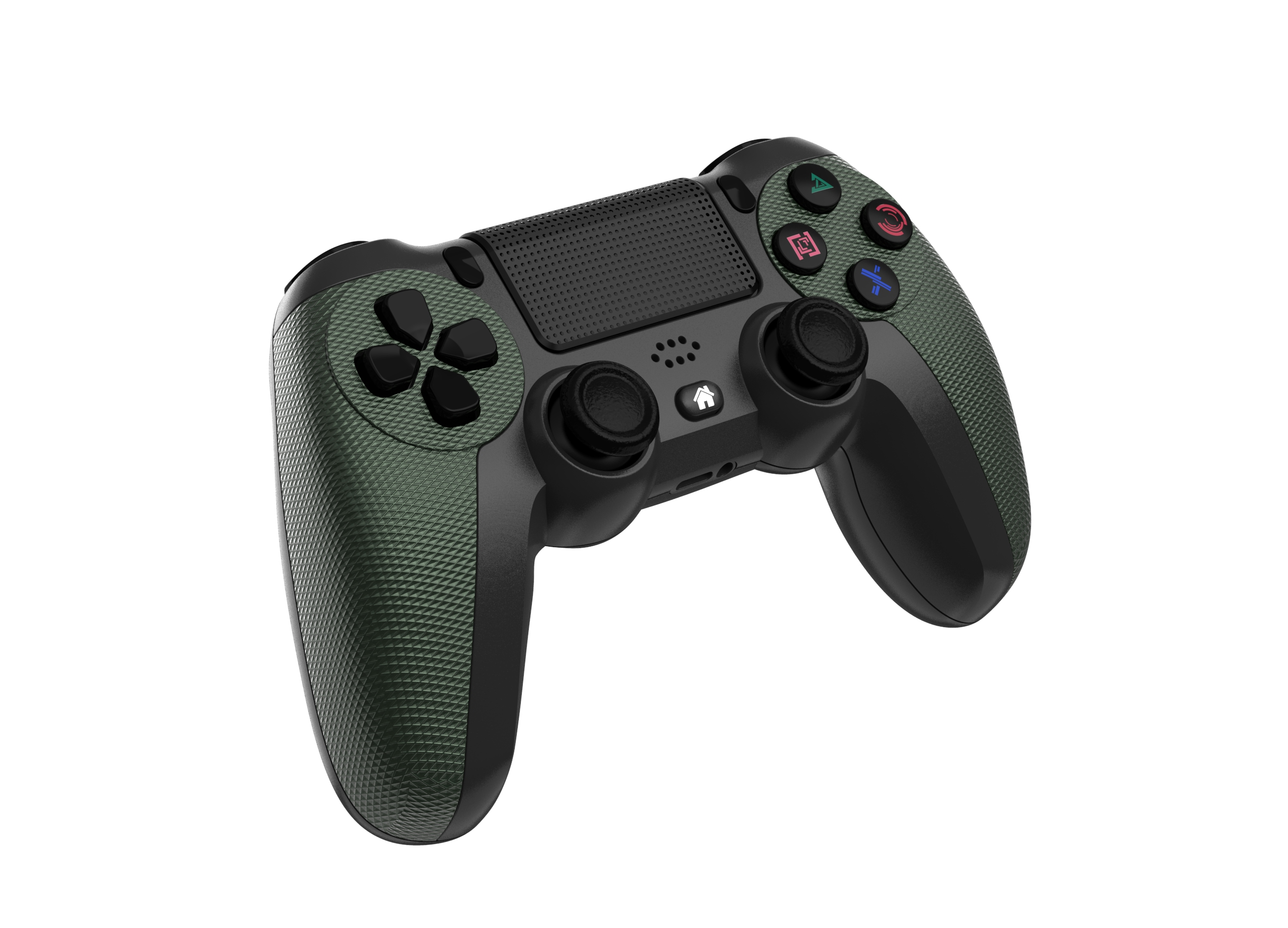 Un gamepad verde e nero con pulsanti. Lo sfondo è bianco.
