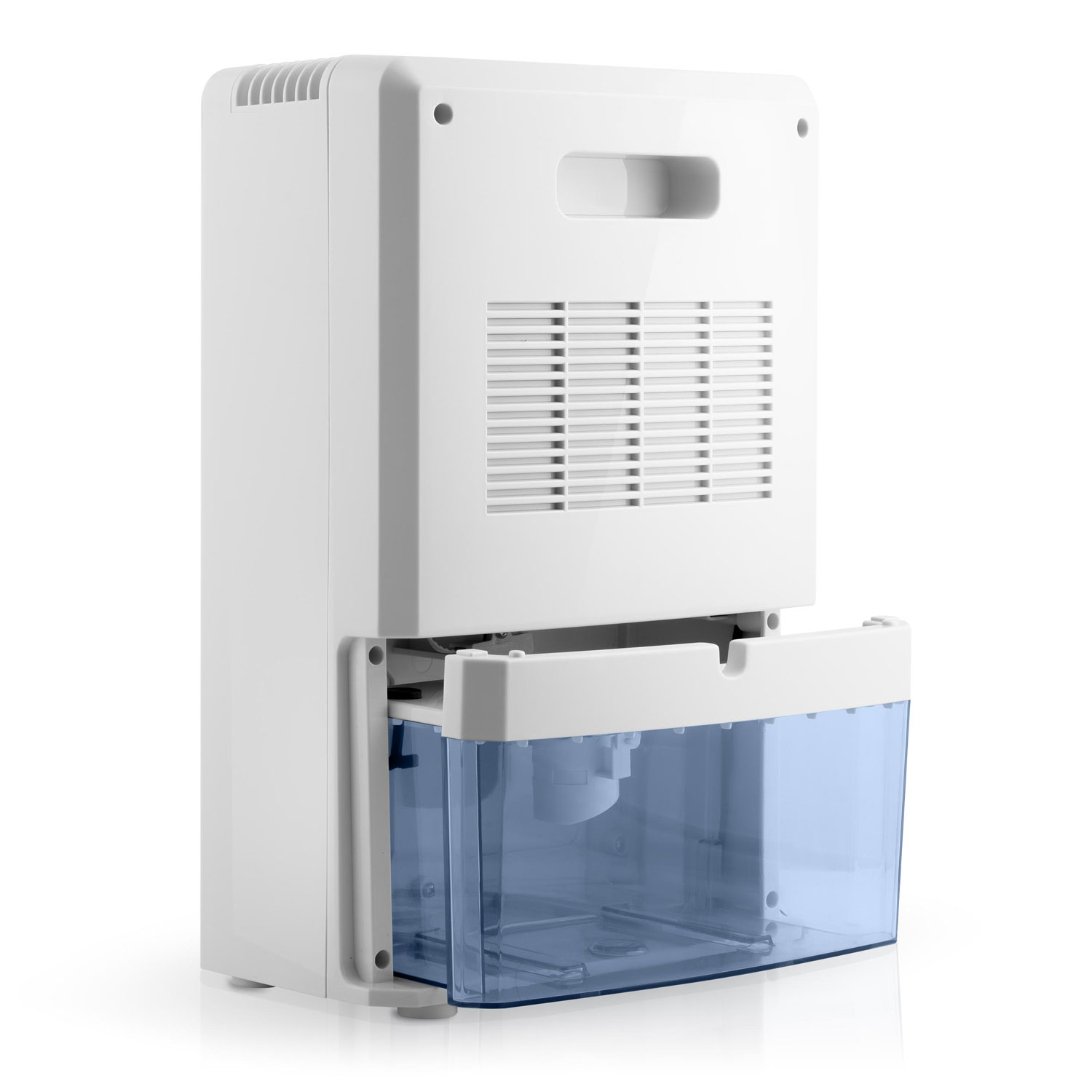 Biały osuszacz powietrza z niebieskim zbiornikiem na wodę. Zbiornik jest częściowo wysunięty. Urządzenie ma uchwyt i otwory wentylacyjne.