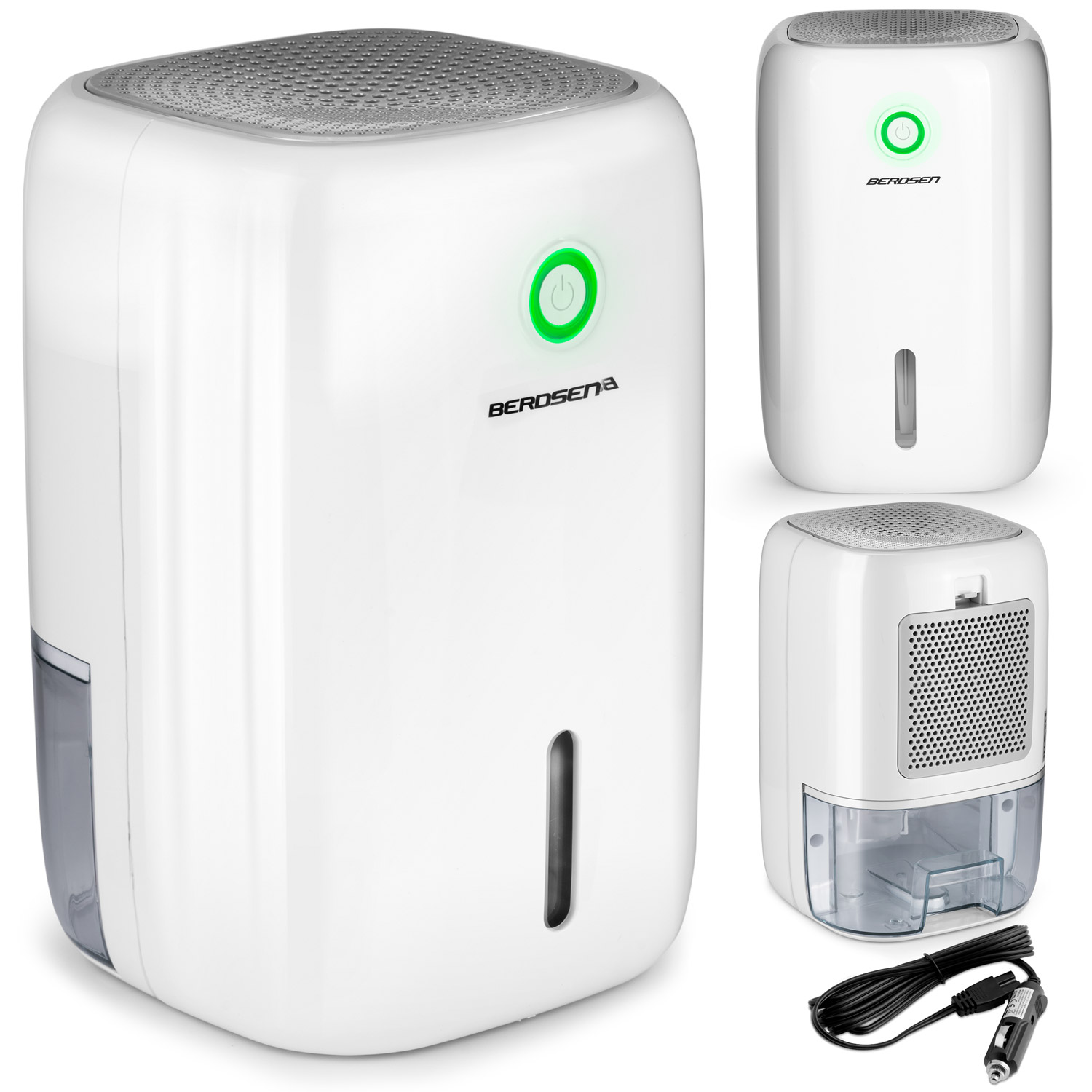 Biały osuszacz powietrza Berosen z zielonym przyciskiem zasilania i wskaźnikiem poziomu wody. Zawiera kabel zasilający i adapter samochodowy.