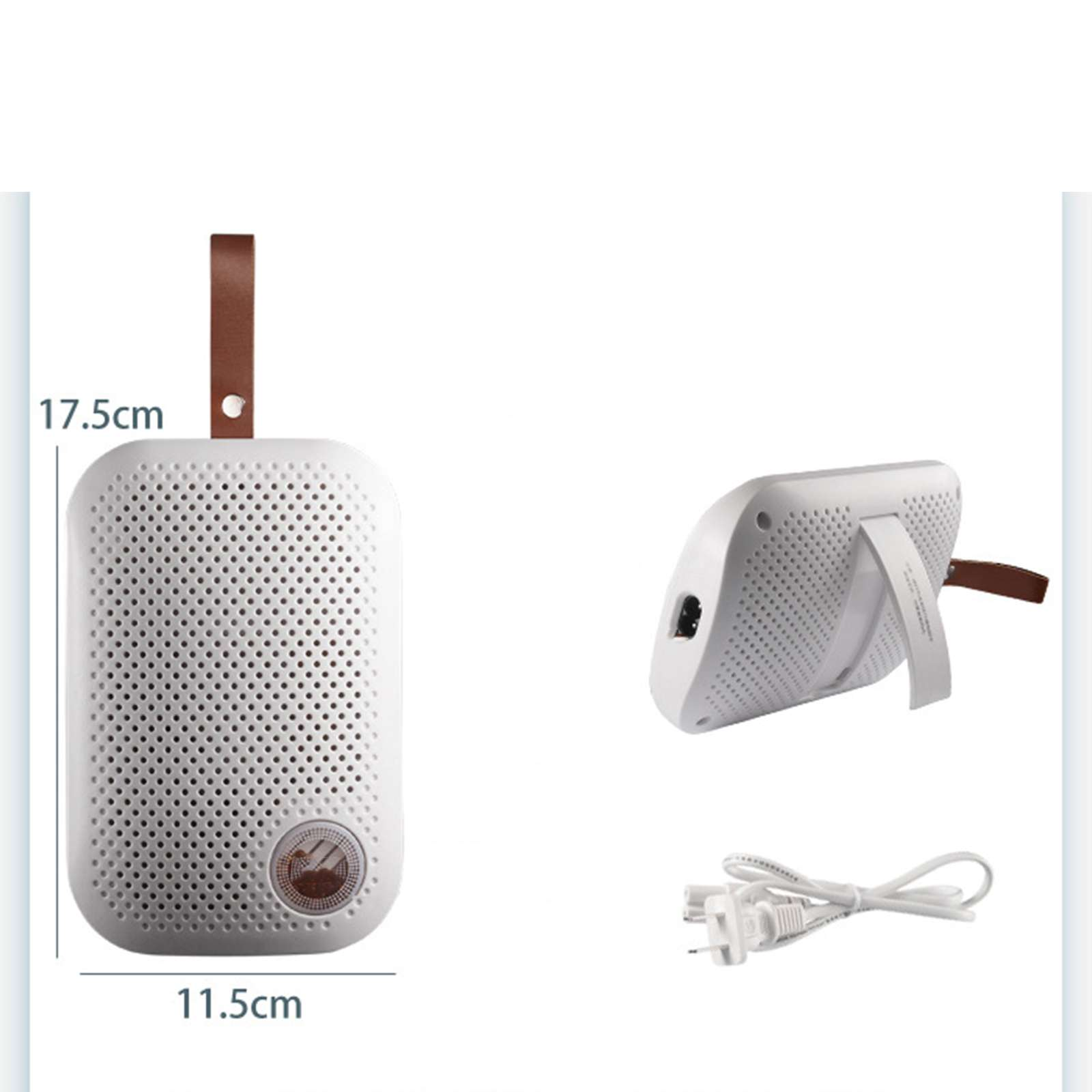 Weißer Luftentfeuchter mit braunem Ledergriff, Abmessungen angegeben. Inklusive Netzkabel und eine weitere Ansicht.