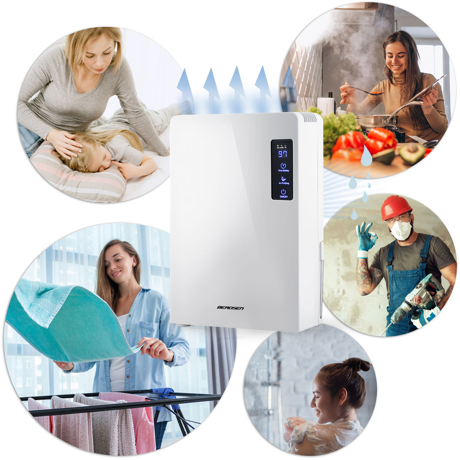 Oczyszczacz powietrza ze zdjęciami gotującej kobiety, śpiącego dziecka, kobiety wieszającej pranie, mężczyzny z wiertarką i kobiety pod prysznicem.